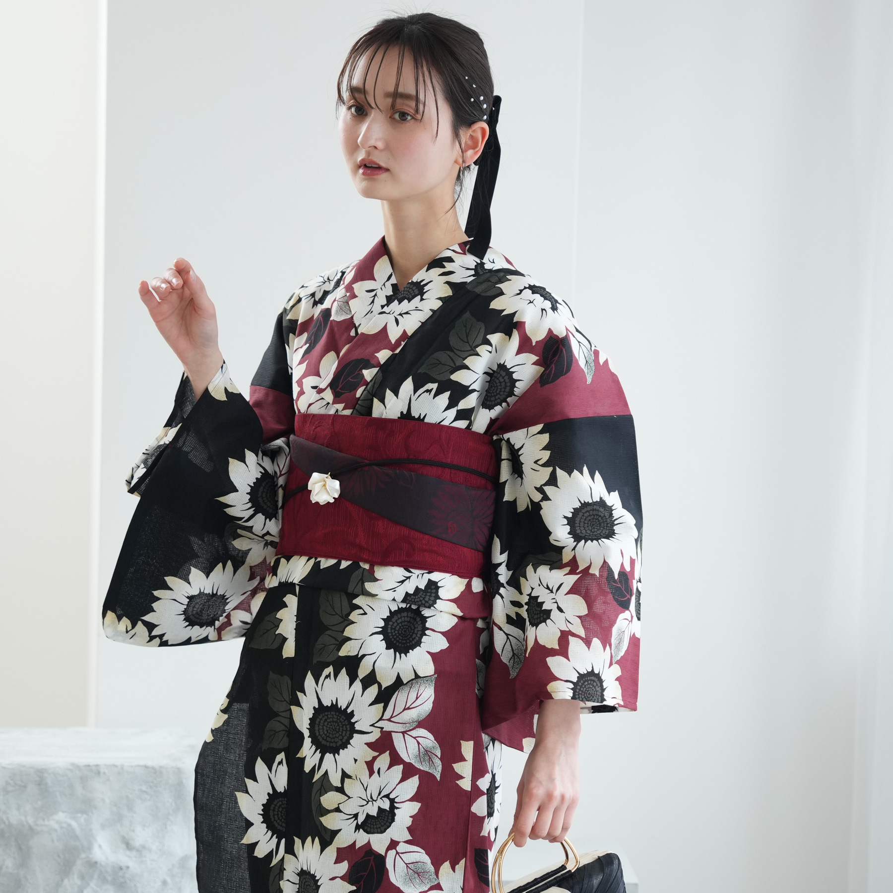 浴衣 レディース セット ニコアンティーク 高級変わり織 浴衣3点セット 黒とえんじの染分けひまわり フリーサイズ 浴衣セット（ゆかた・帯・下駄）レトロ
