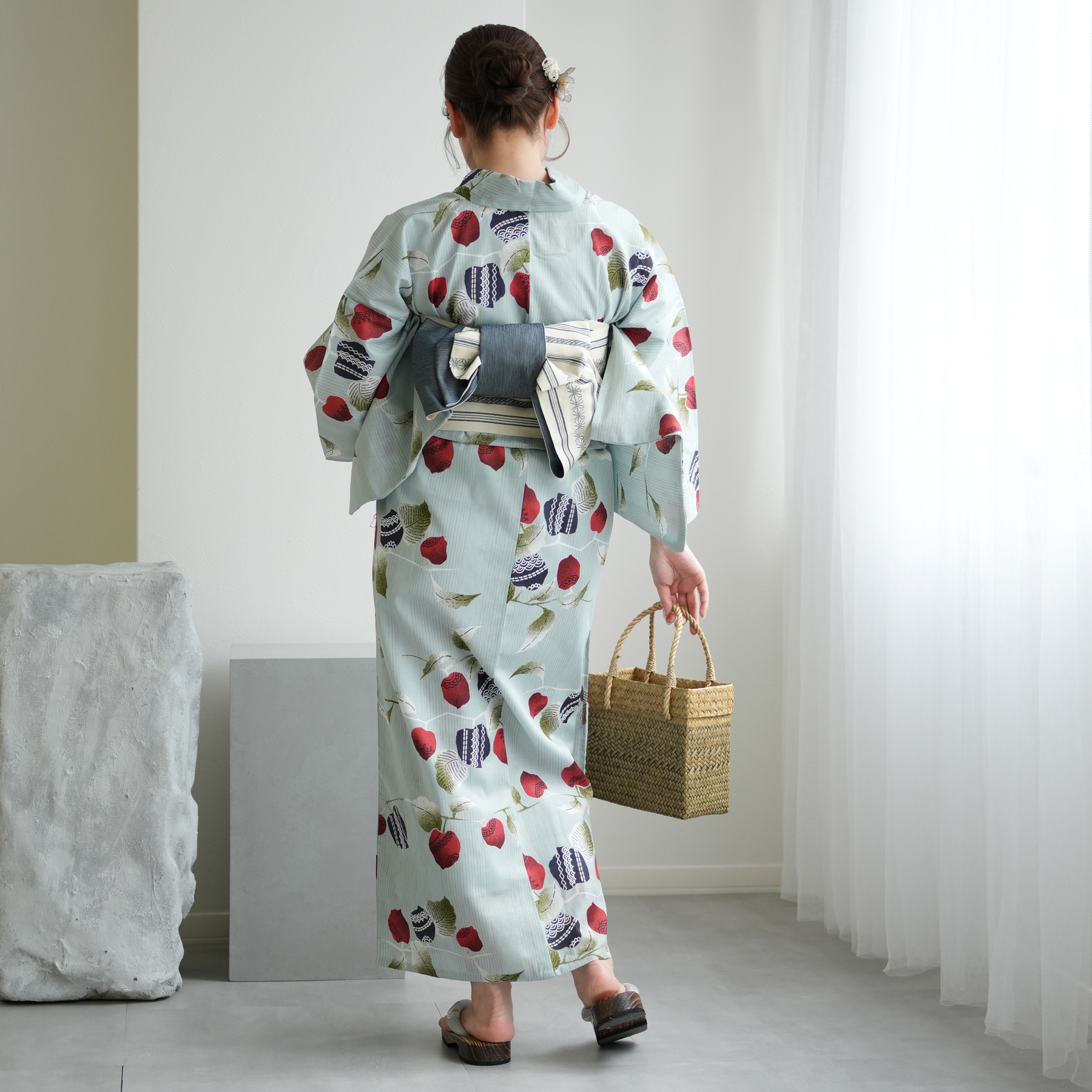 みい　浴衣・帯セット　ニコアンティーク 赤とミントのぽんぽん菊 みい様専用 浴衣・帯セット ニコアンティーク 赤とミントの