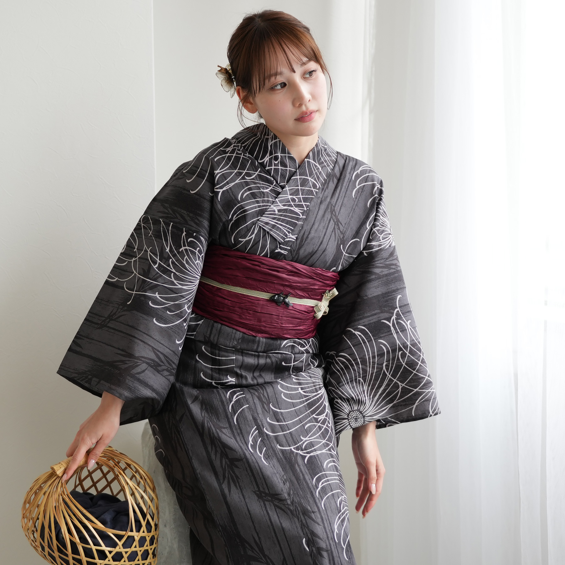 ◆最高級【綿麻浴衣】黒地狢菊古典ゆかた◆高級変わり織◆着物としても着用可◆ 2040-20022_m1-2.jpg