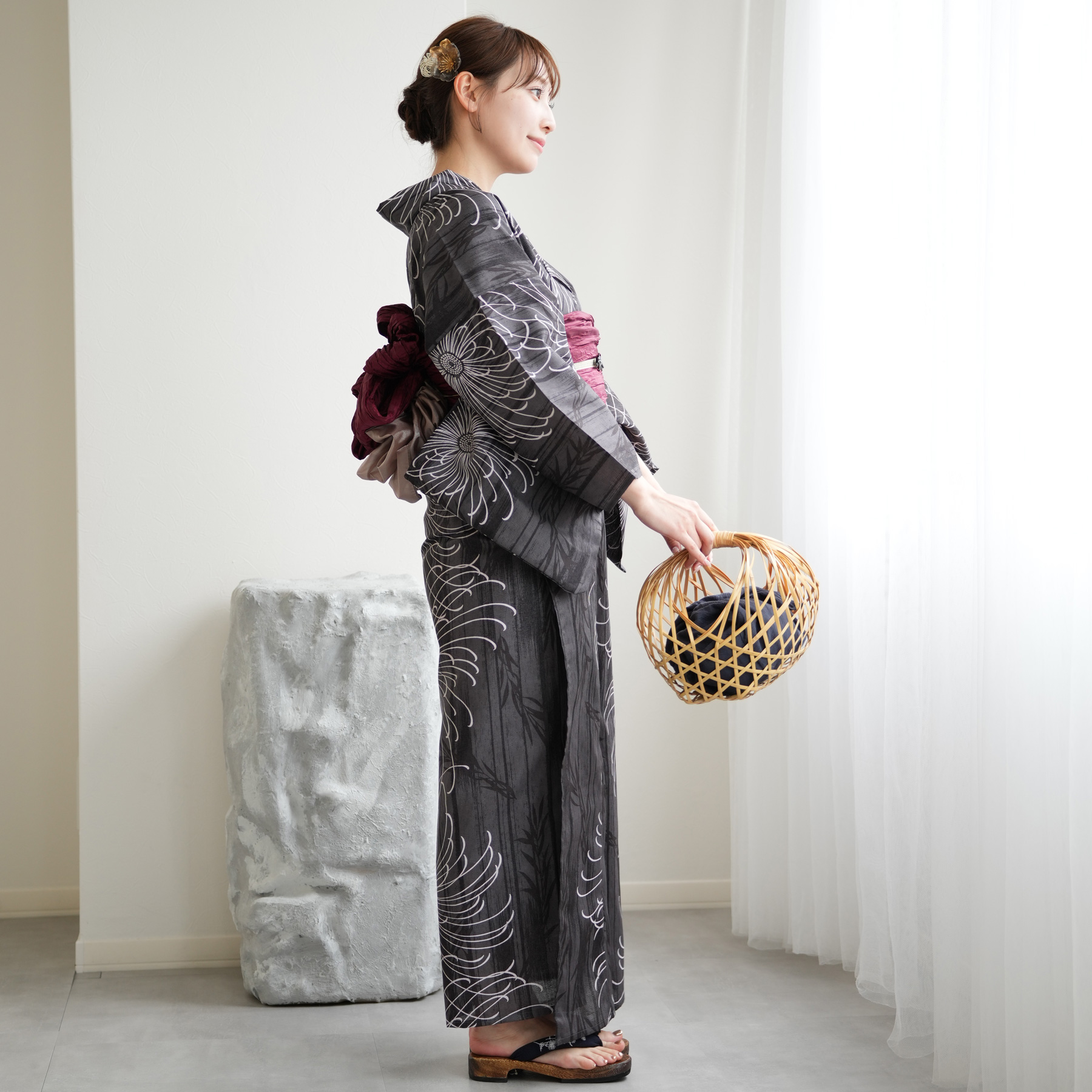ニコアンティーク 高級変わり織 浴衣3点セット ダイヤグレーにブロカント ニコアンティーク 高級変わり織 浴衣3点セット ダイヤグレーに