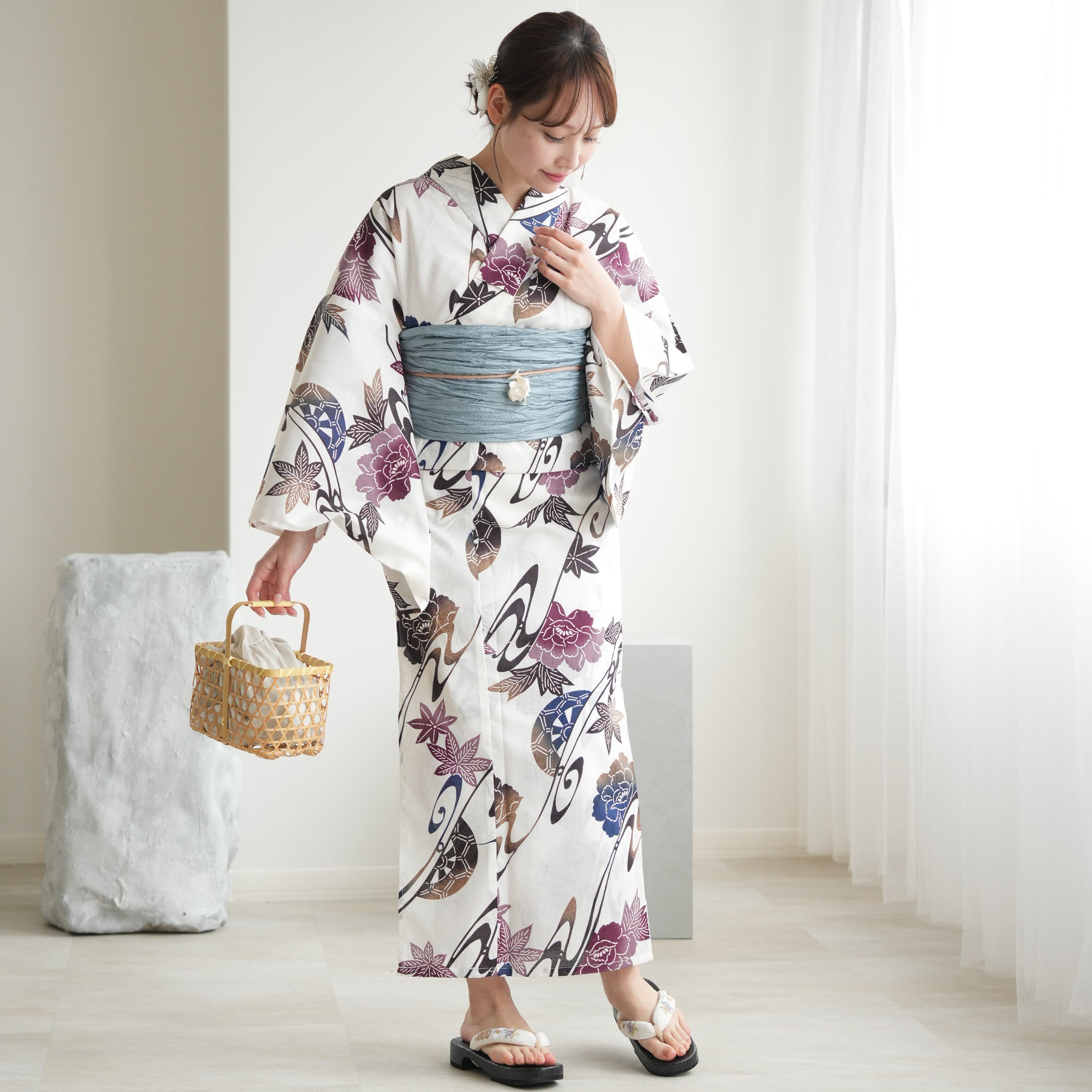 utatane 浴衣 ホワイト系 着付けセットあり utatane 浴衣 レディース セット 高級変わり織 浴衣3点セット