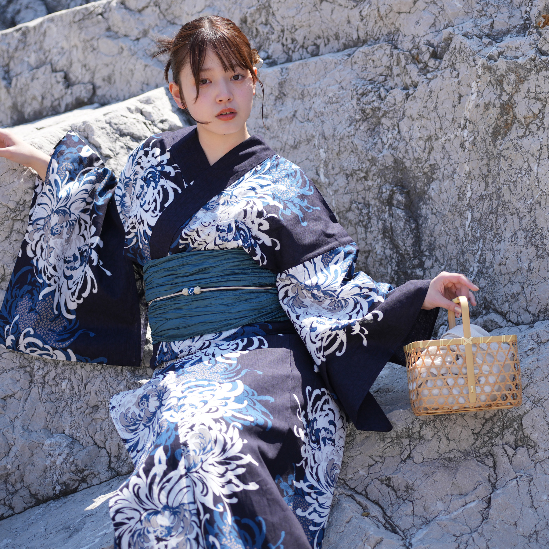 utatane 浴衣 レディース セット 高級変わり織 浴衣3点セット ネイビー
