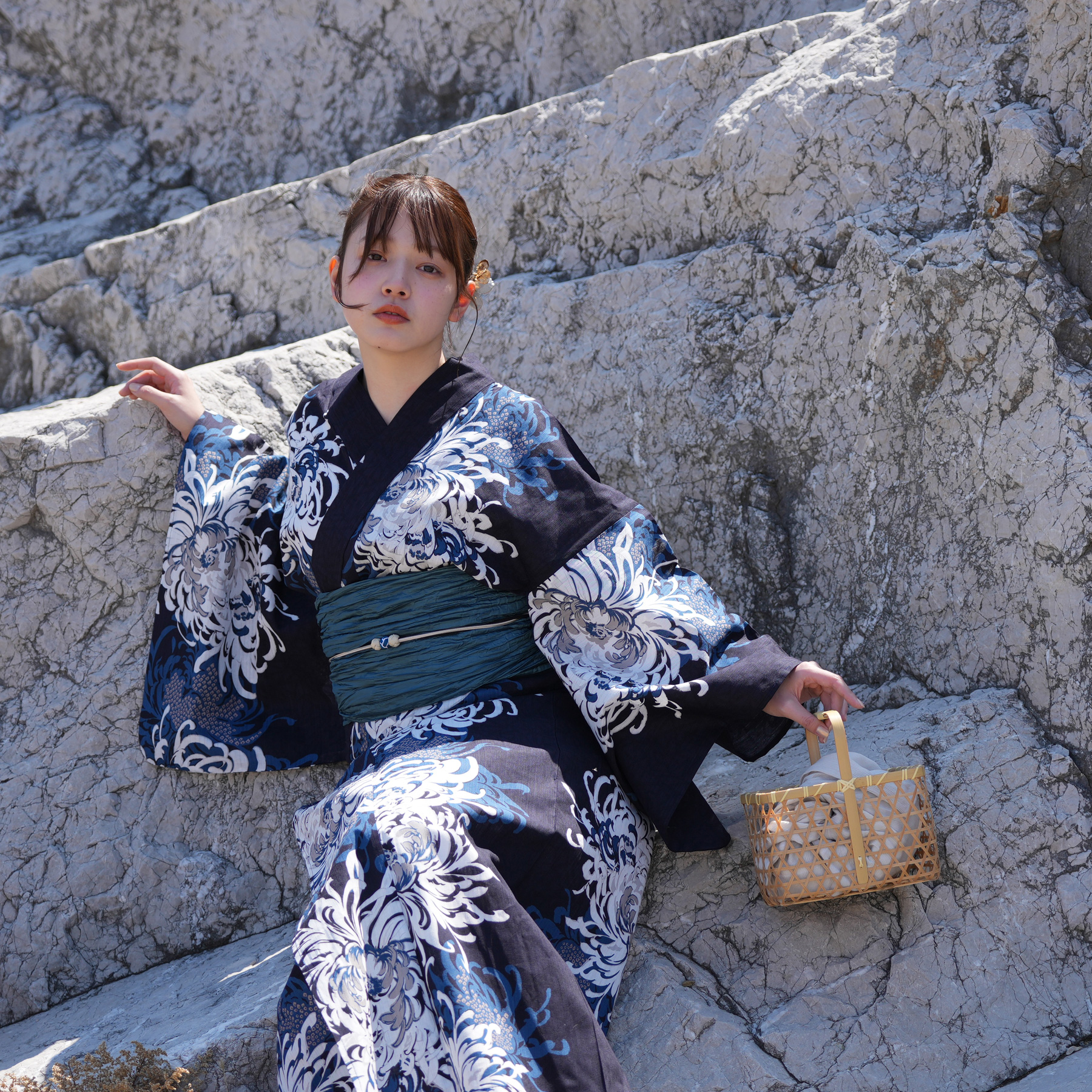 utatane 浴衣 レディース セット 高級変わり織 浴衣3点セット ネイビー