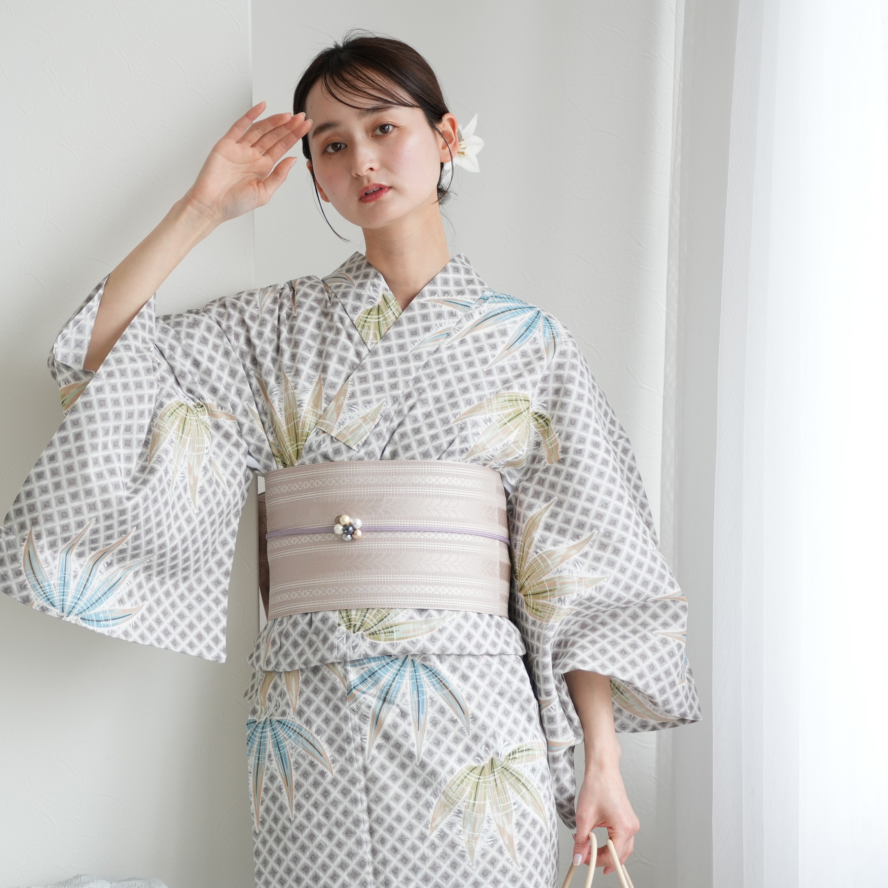 浴衣 レディース セット utatane 高級変わり織 浴衣3点セット 切子紋と涼しげラムネ色の松 フリーサイズ 浴衣セット（ゆかた・帯・下駄）