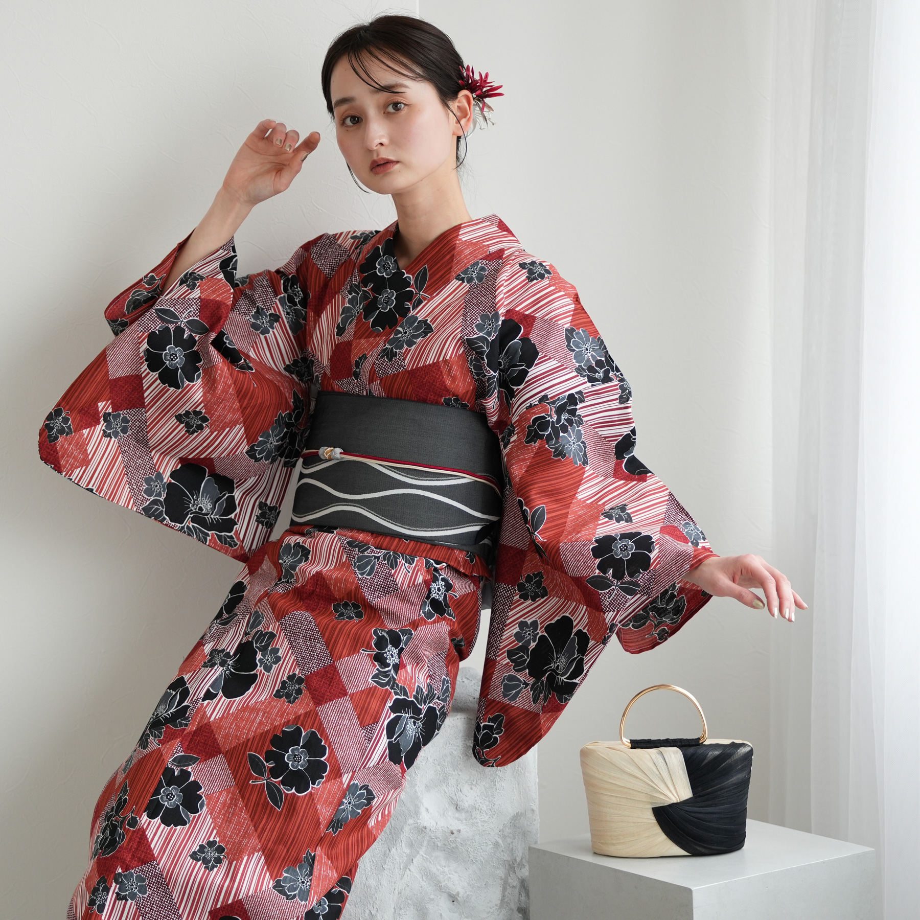 Nico antique黒猫レトロモダン浴衣 utatane｜ニコアンティーク 高級変わり織 浴衣3点セット 大正