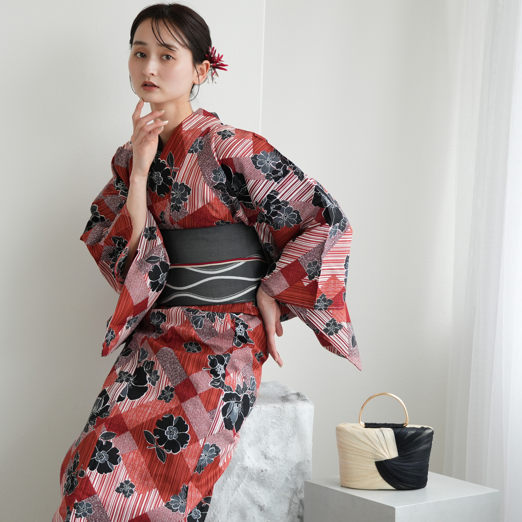 専用です☆アンティーク赤とターコイズブルーの着物と作り帯セット 浴衣セット レディース レトロ 作り帯 浴衣セット 大人 3点