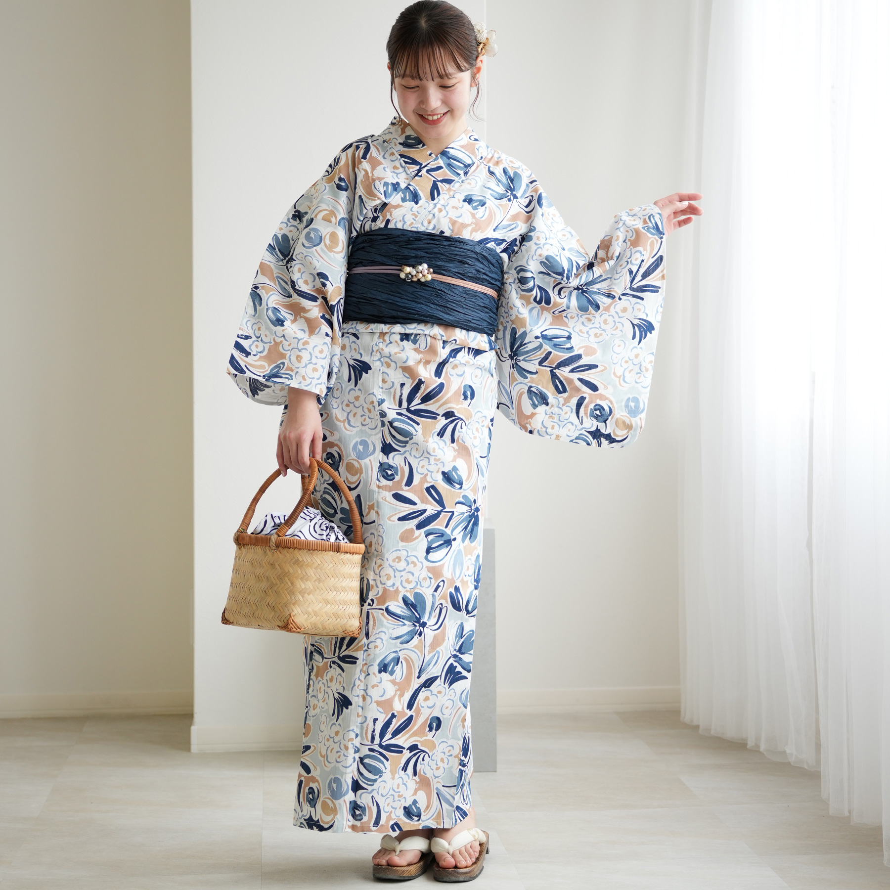 女性用浴衣【No.129】新品 浴衣 レディース セット ニコアンティーク 高級変わり織 浴衣3点