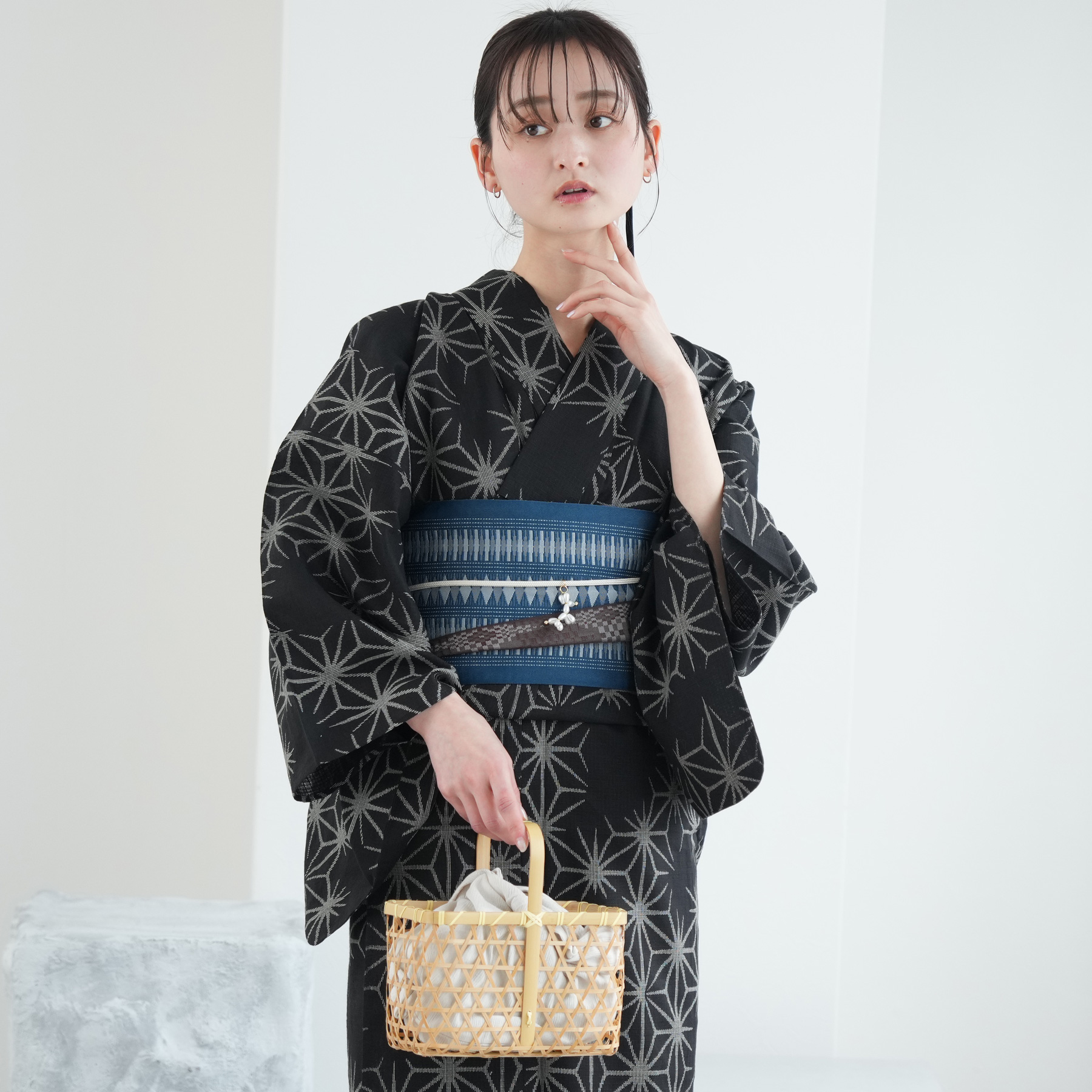 浴衣 レディース セット 綿麻×紅梅 浴衣3点セット 黒地の麻の葉