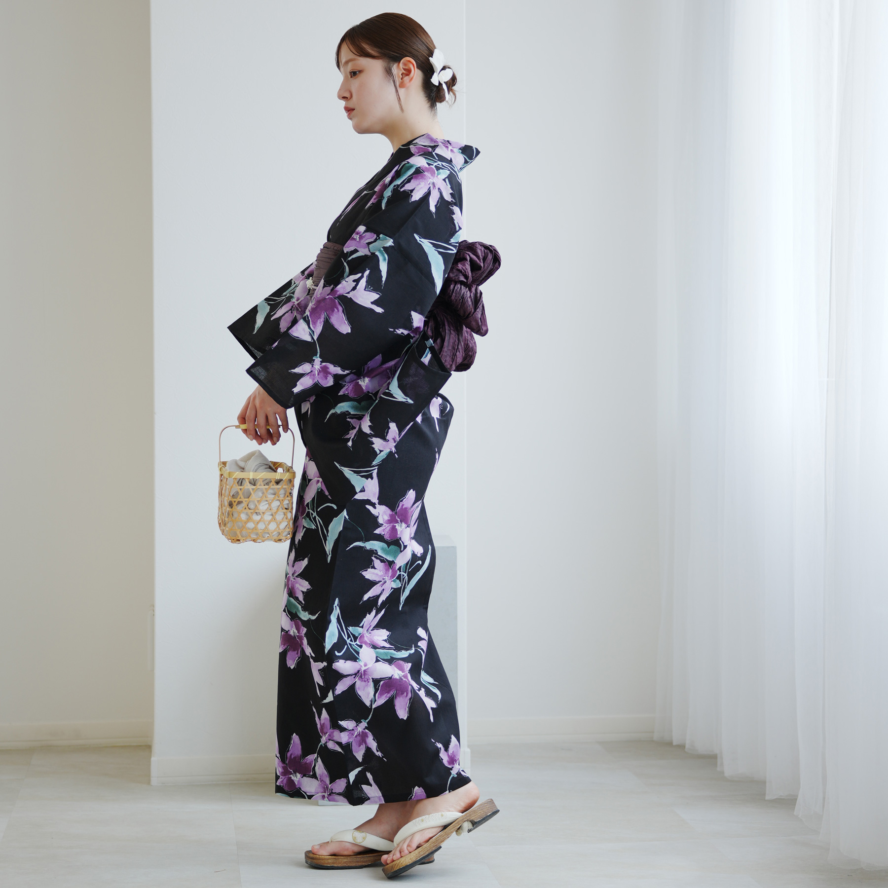 黒紫花柄 浴衣・帯・下駄セット SOUBIEN 浴衣 レディース セット 浴衣セット 3点セット（浴衣/帯