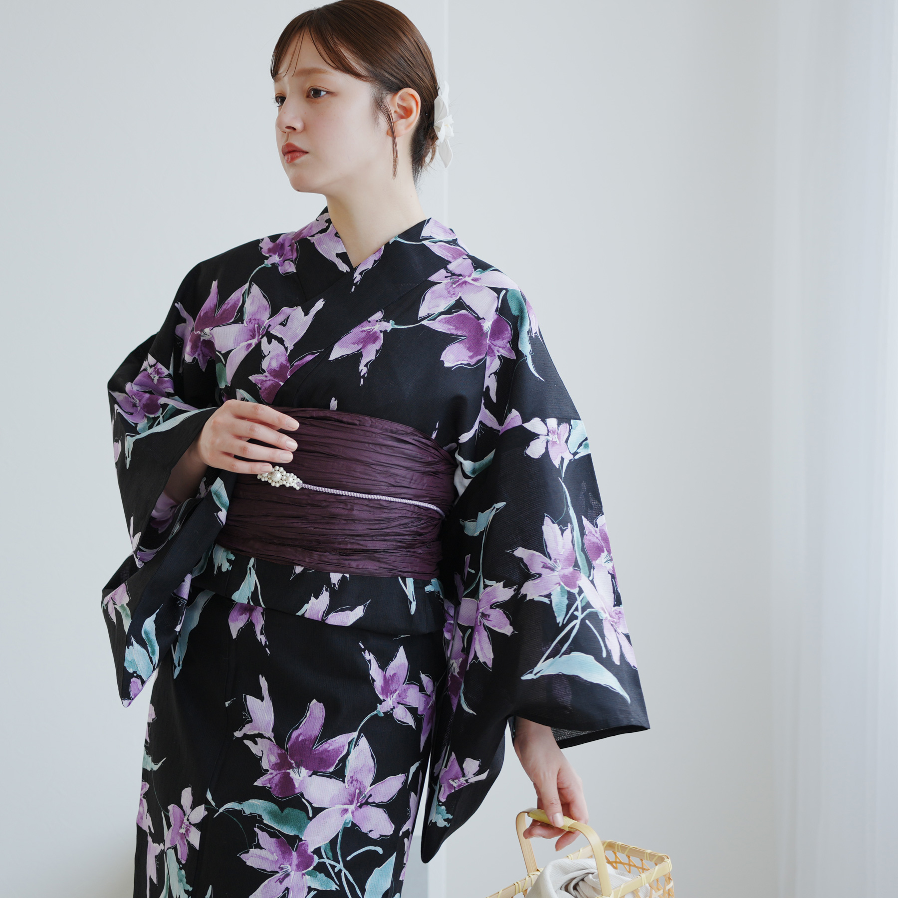 新品 浴衣 帯 下駄 レトロ モダン レディース セット 高級変わり織 紫 花 utatane 浴衣 レディース セット 高級変わり織 浴衣3点セット 苔