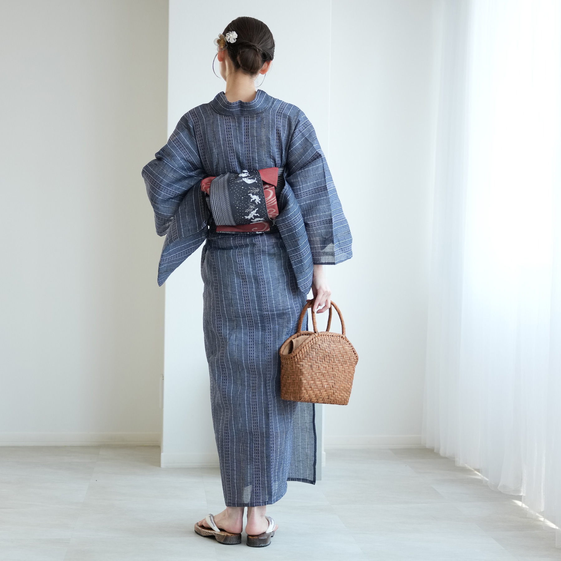 新品 浴衣三点セット(帯・下駄) 紺色 フリーサイズ utatane｜utatane/(W)レディース 浴衣 帯 下駄 3点セット