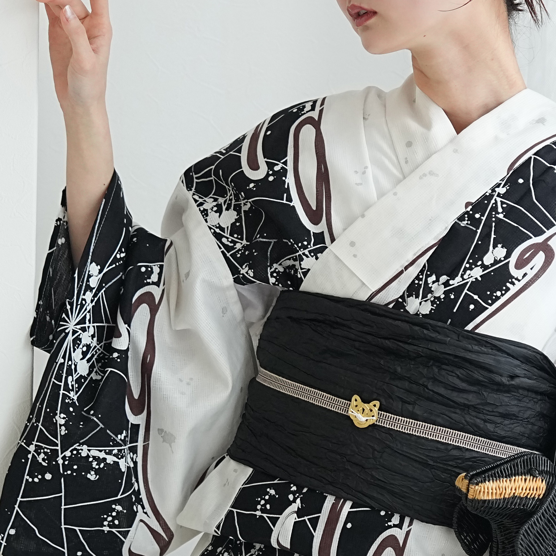 黒×白の絞りの浴衣❇︎トールサイズ 浴衣 レディース セット トールサイズ ニコアンティーク 浴衣3点セット