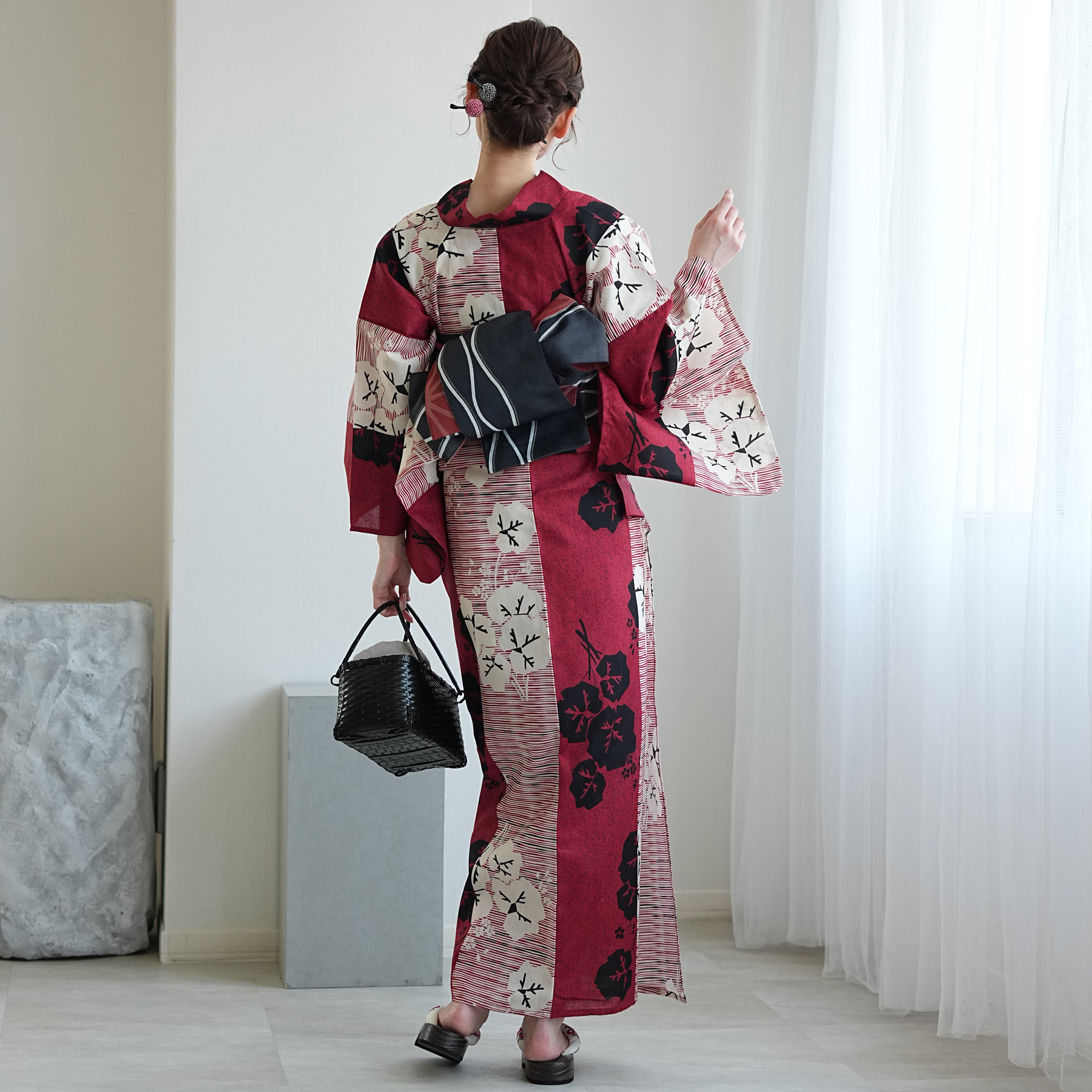 赤黒花柄 浴衣セット フリーサイズ utatane 浴衣 レディース セット フリーサイズ 浴衣 3点セット 高級