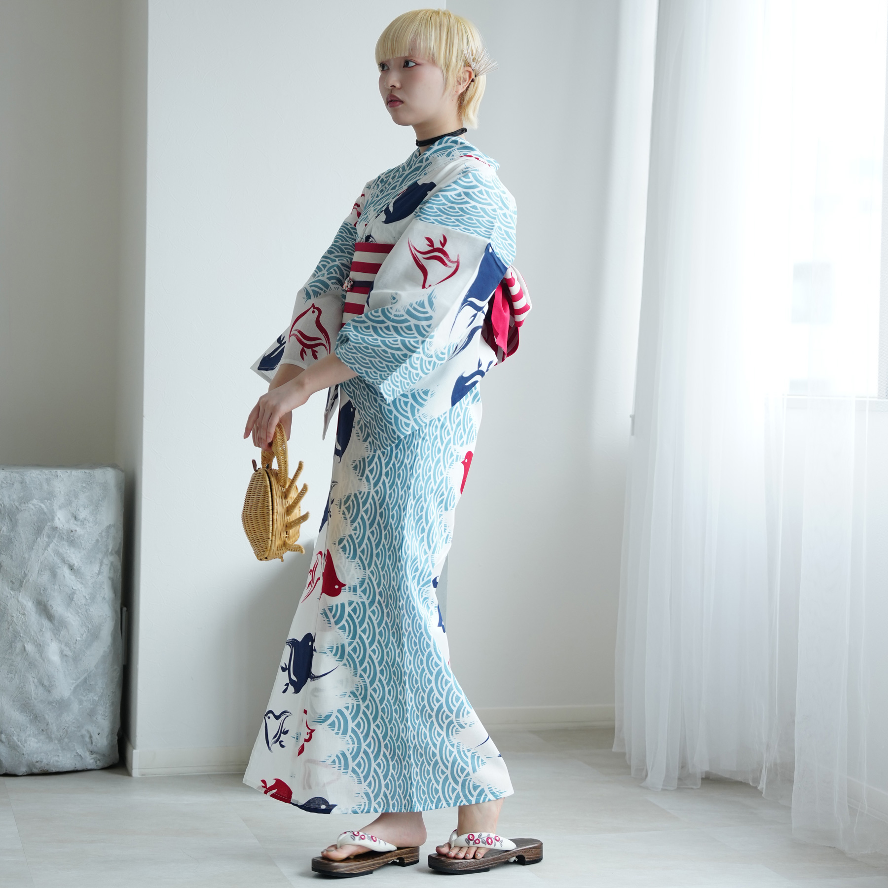 コトリカフェ　小鳥柄　浴衣 浴衣 レディース セット トールサイズ ニコアンティーク 3点セット
