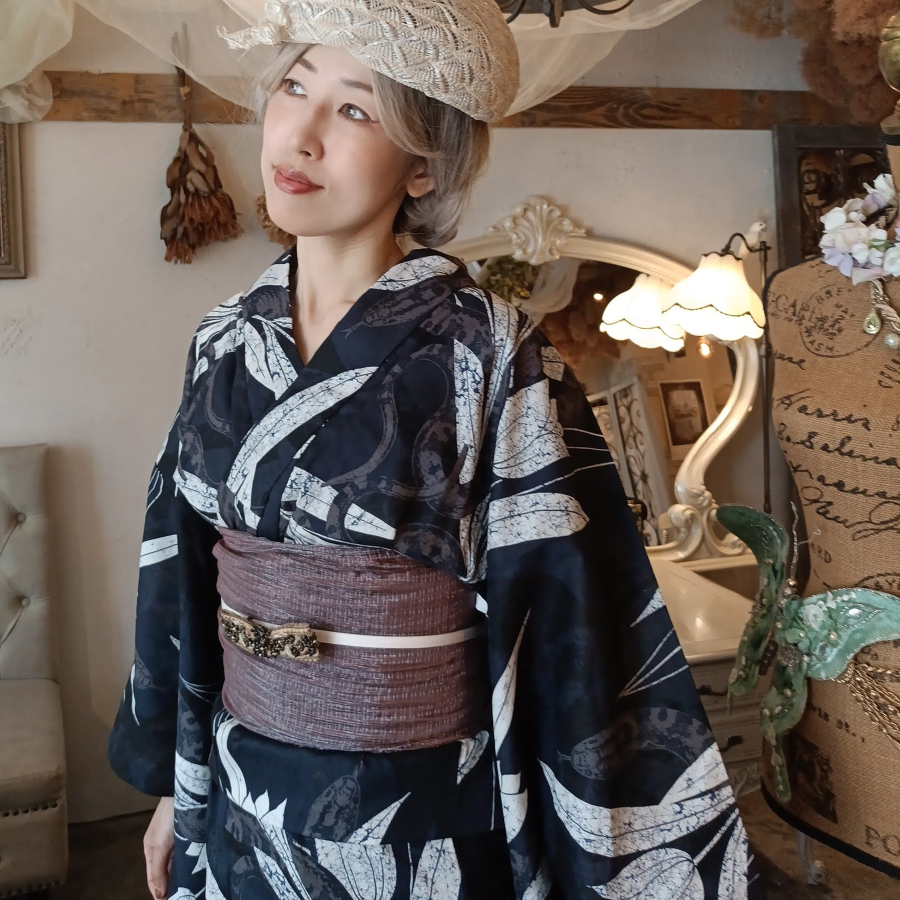 浴衣 レディース セット ニコアンティーク 3点セット 高級変わり織