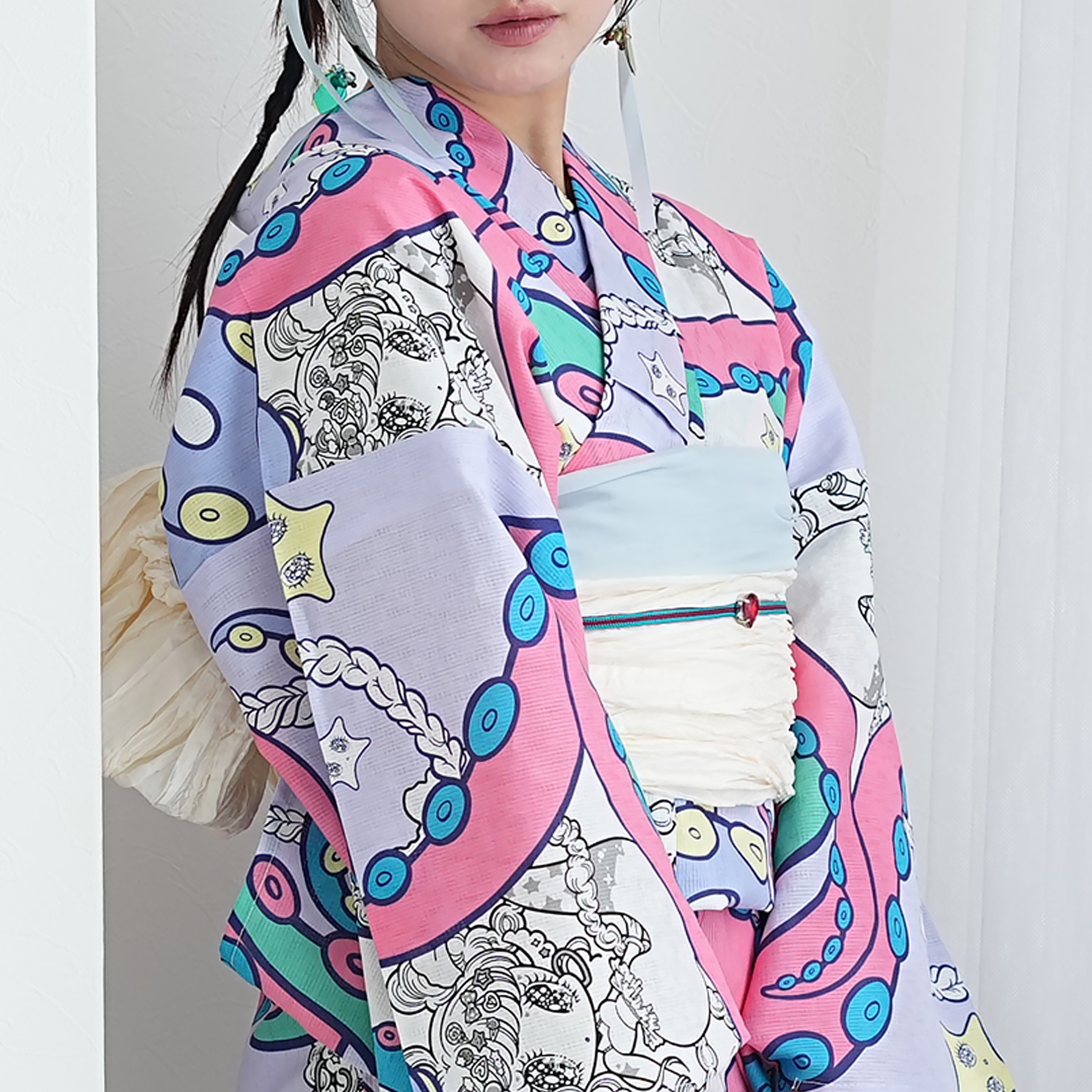 浴衣 レディース セット Sサイズ ニコアンティーク×せきやゆりえ コラボ 浴衣3点セット Mermaid Story パステル 浴衣・帯・下駄 小さい 低身長の画像