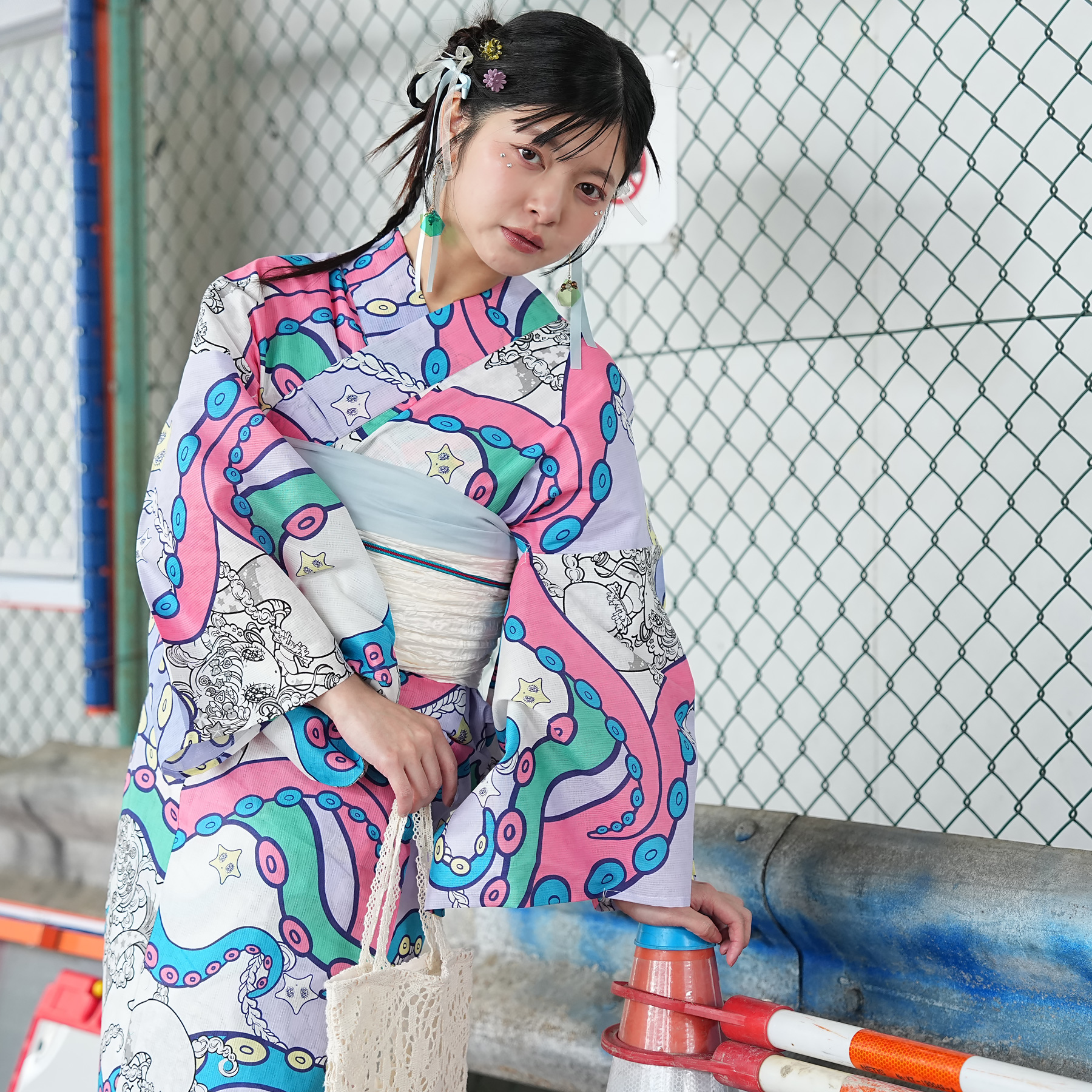 浴衣 レディース セット Sサイズ ニコアンティーク×せきやゆりえ コラボ 浴衣3点セット Mermaid Story パステル 浴衣・帯・下駄 小さい 低身長の画像