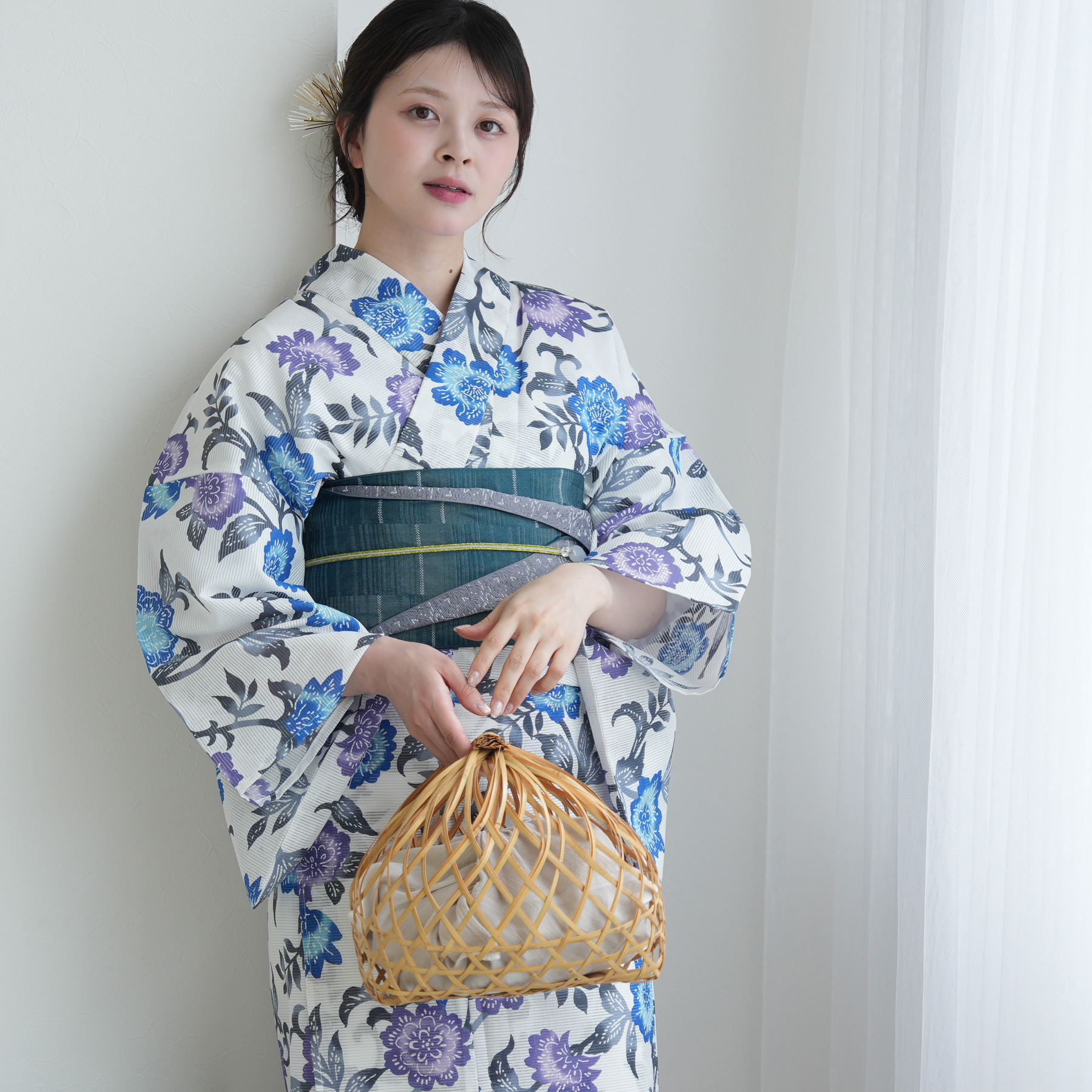 浴衣 レディース セット 綿絽 高級変わり織 浴衣3点セット 白地に青と