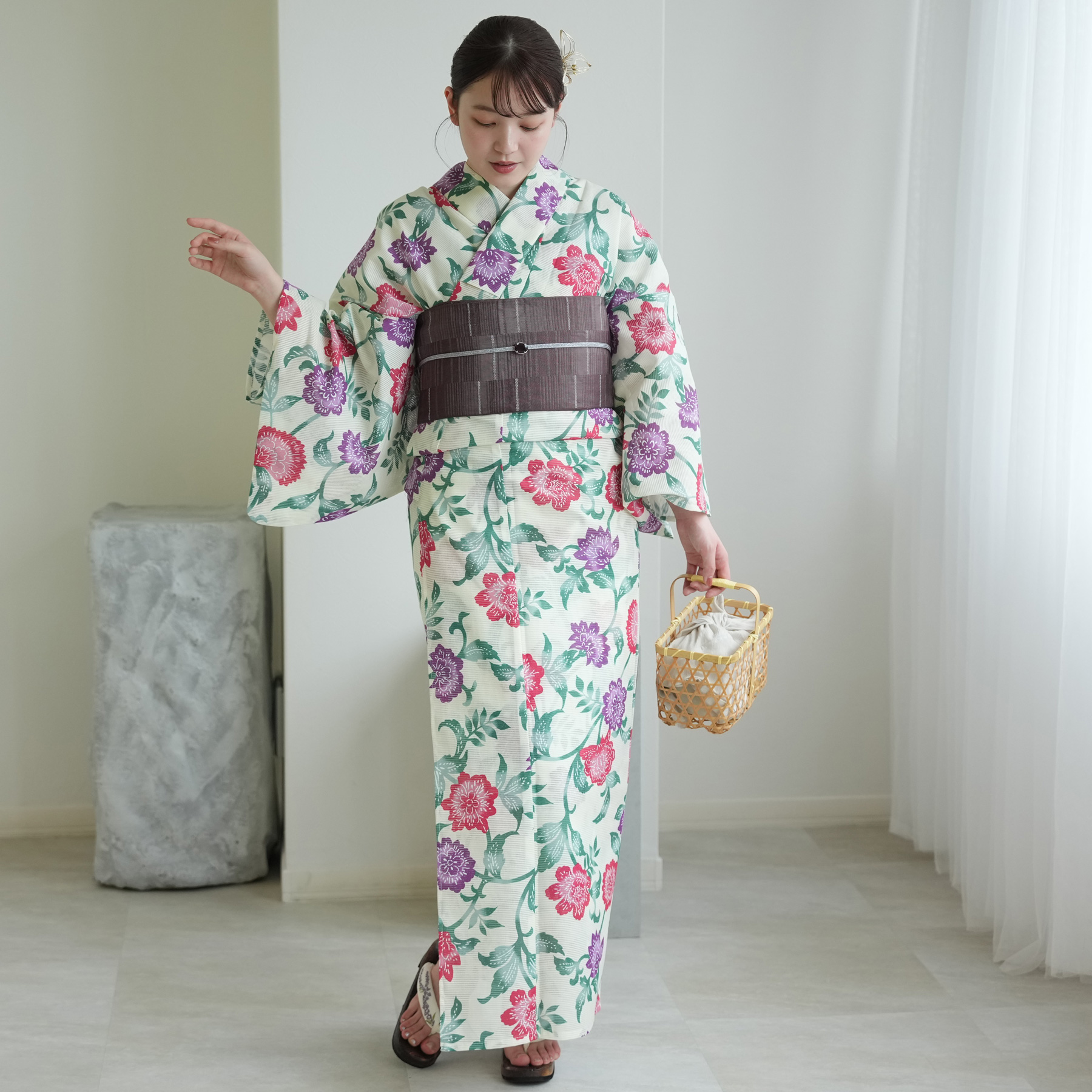 綿　浴衣 浴衣 レディース セット 綿絽 高級変わり織 きなりに赤と紫の更紗紅型