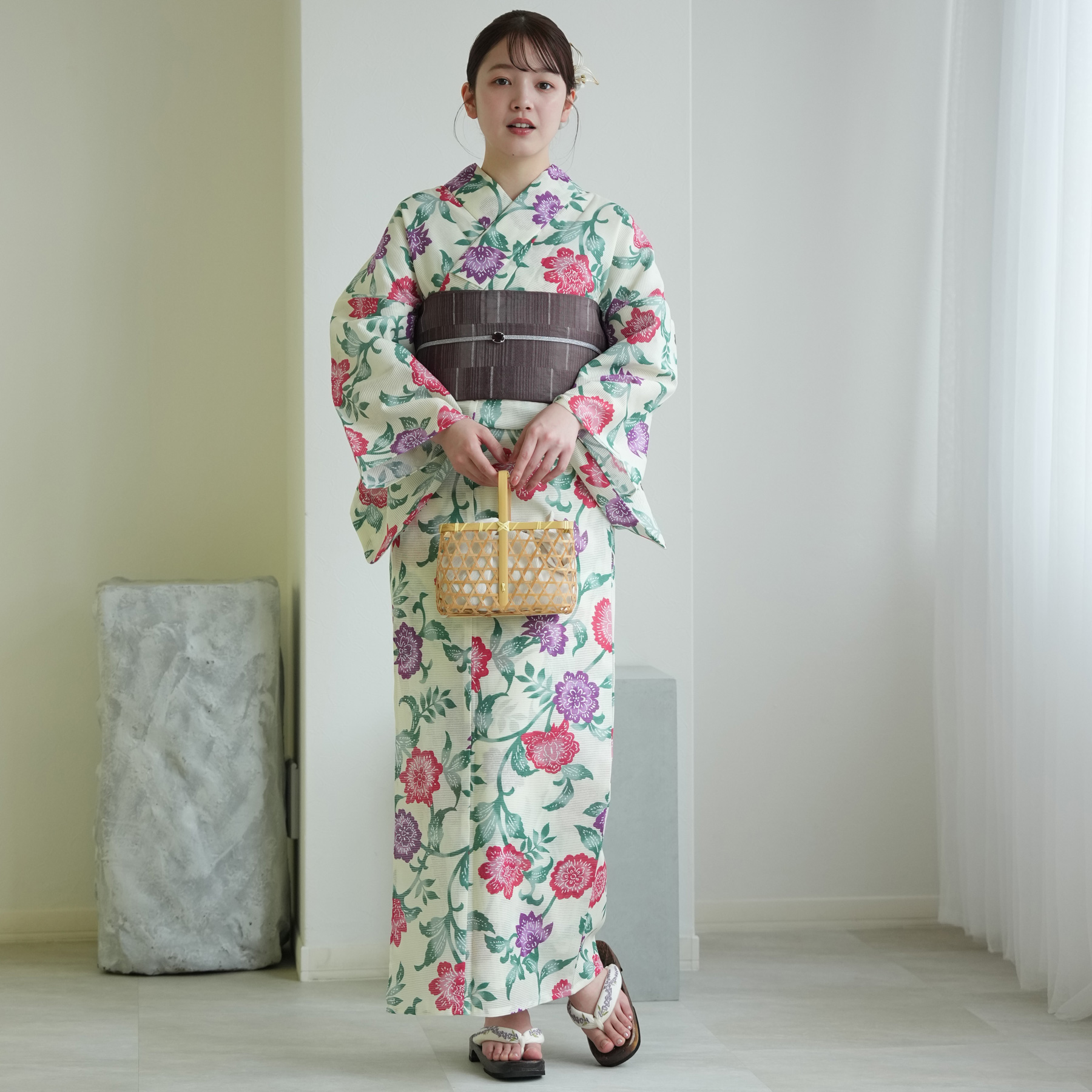 浴衣 レディース セット 綿絽 高級変わり織 きなりに赤と紫の更紗紅型