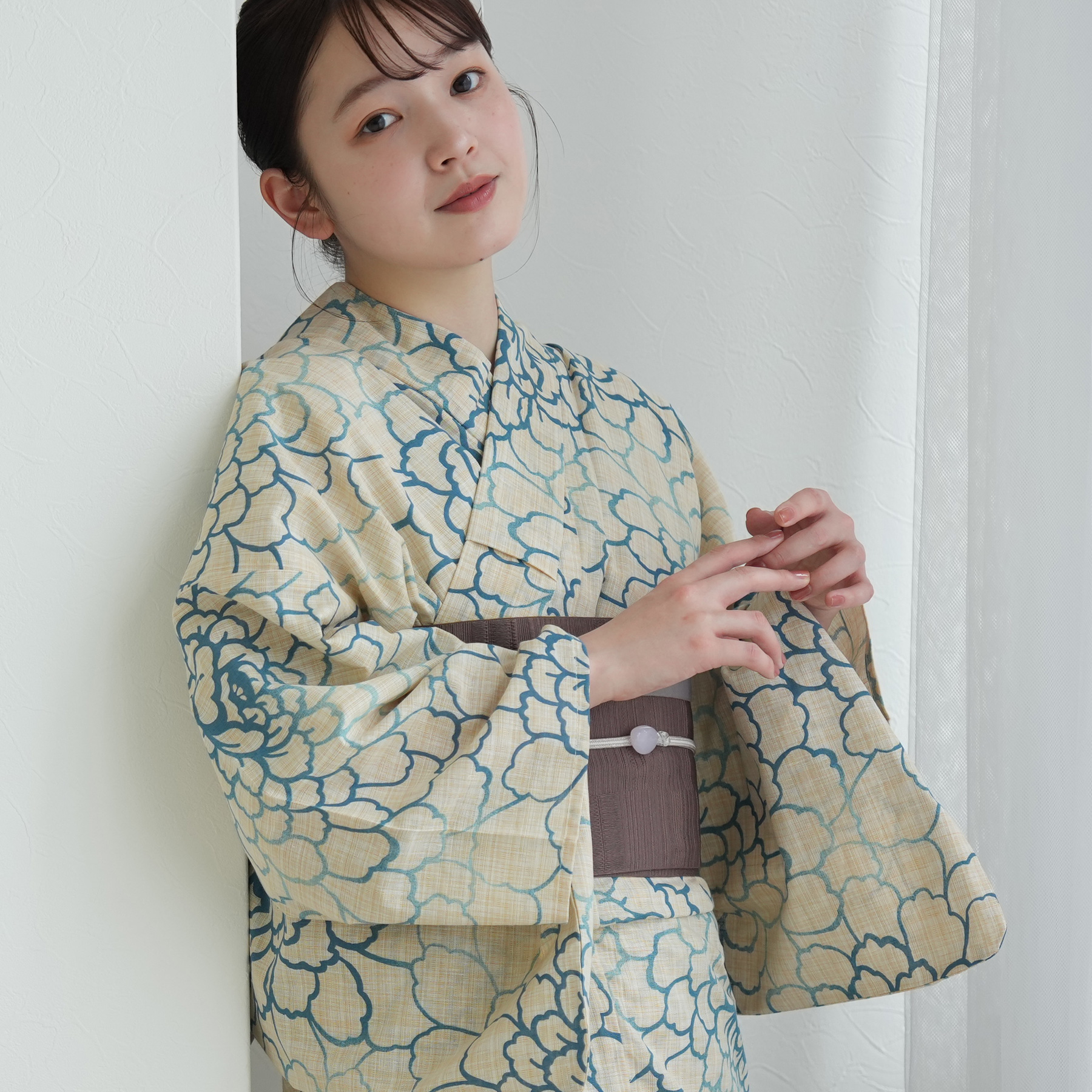 utatane 浴衣 レディース セット 綿麻 高級変わり織 先染めベージュ