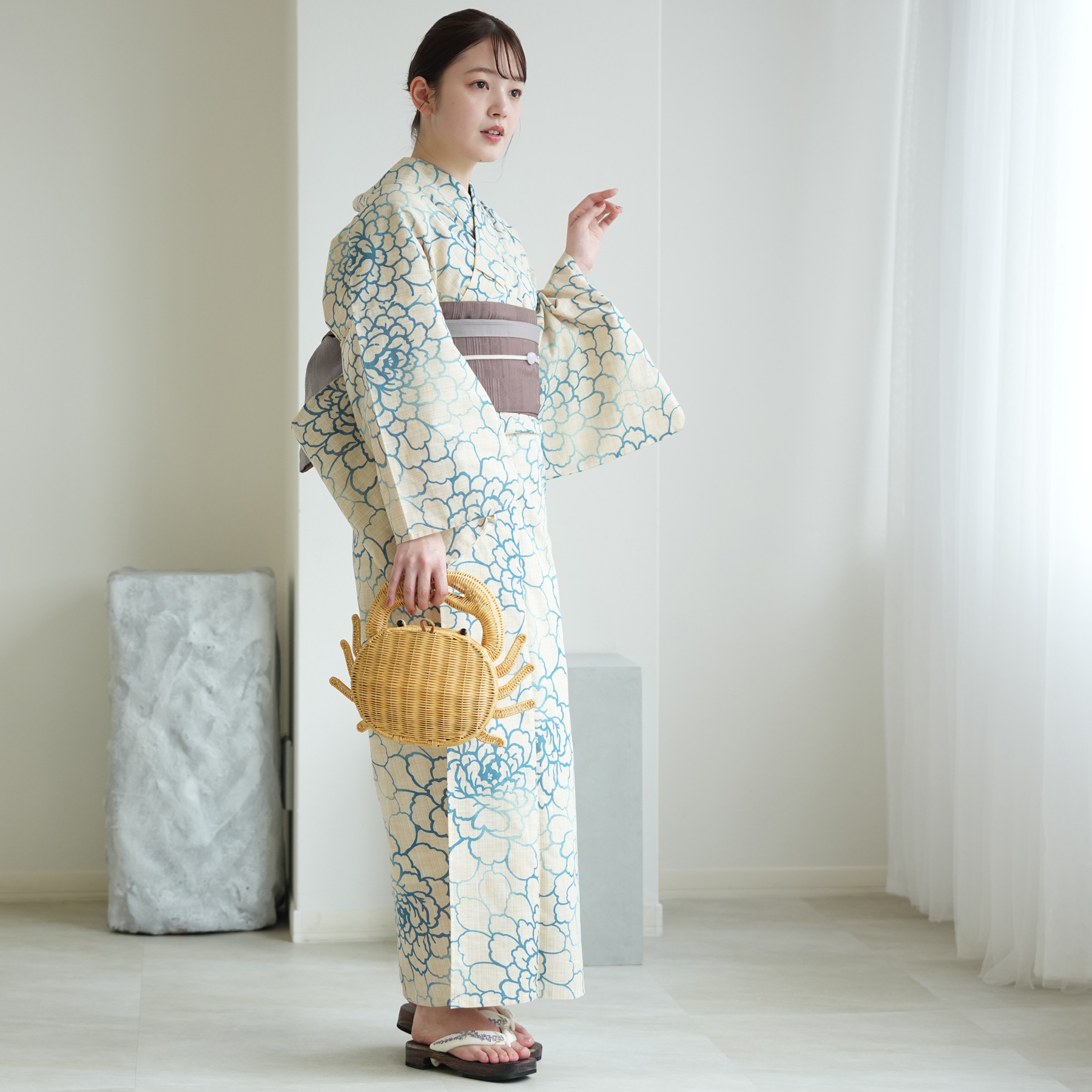 utatane 浴衣 レディース セット 綿麻 高級変わり織 先染めベージュ