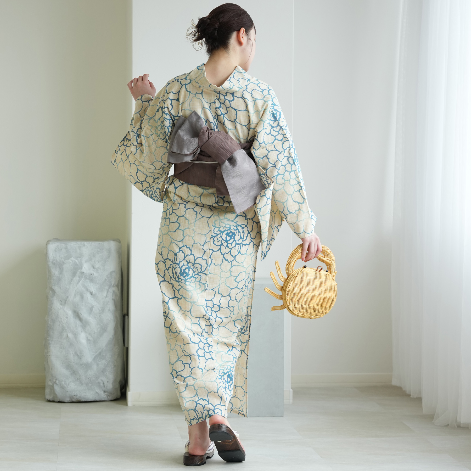 utatane 浴衣 レディース セット 綿麻 高級変わり織 先染めベージュ