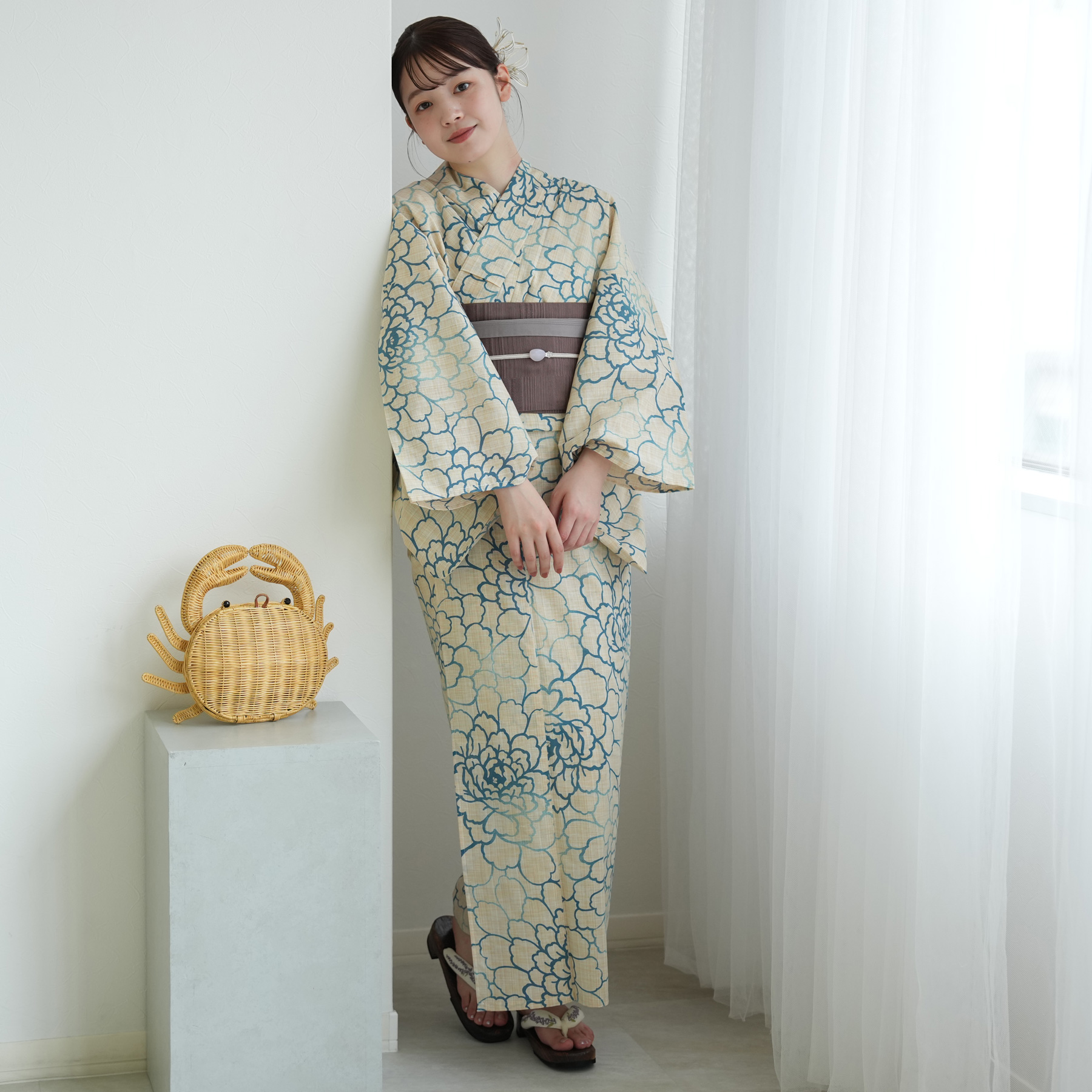 utatane 浴衣 レディース セット 綿麻 高級変わり織 先染めベージュ