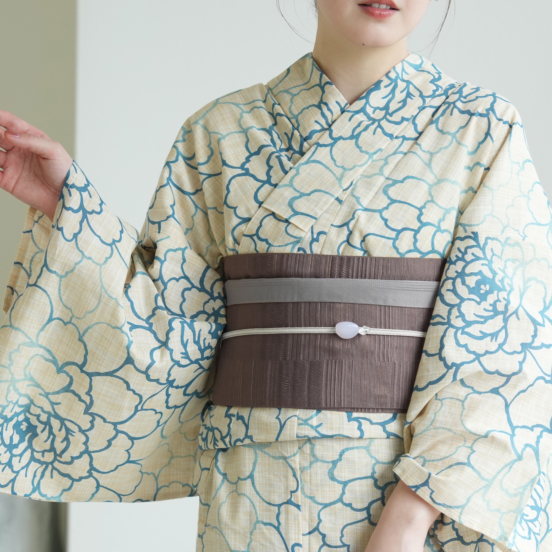 utatane 浴衣 レディース セット 綿麻 高級変わり織 先染めベージュ