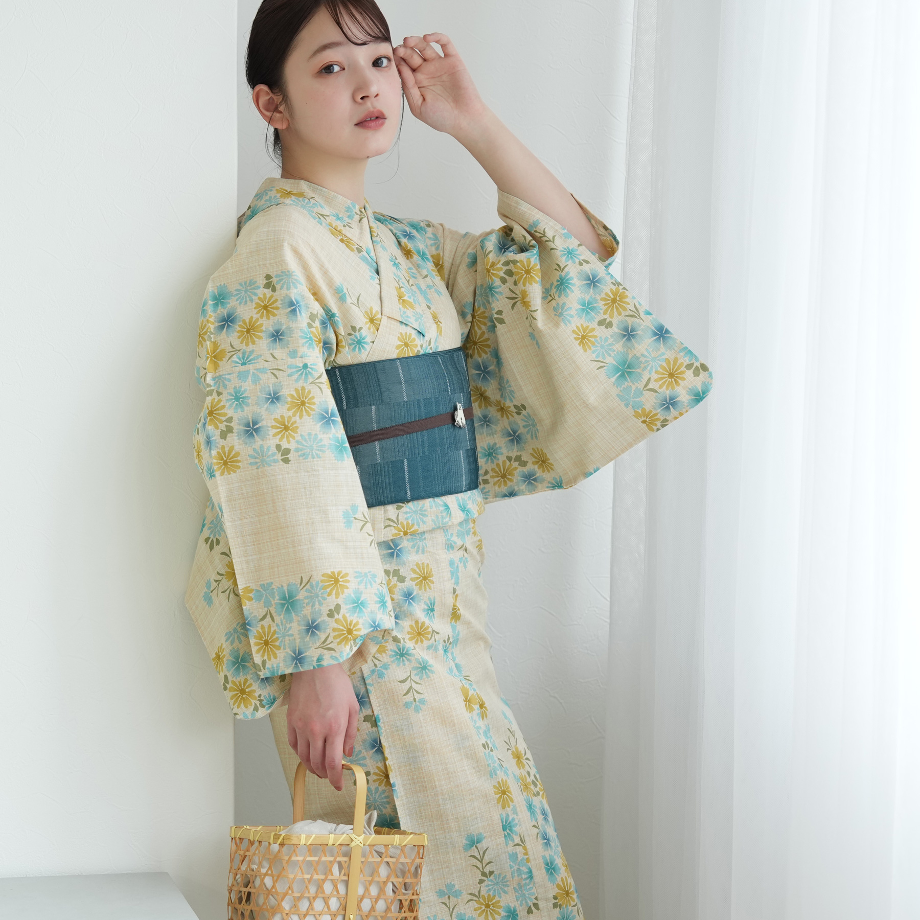 utatane 浴衣 レディース セット 綿麻 高級変わり織 先染めベージュ