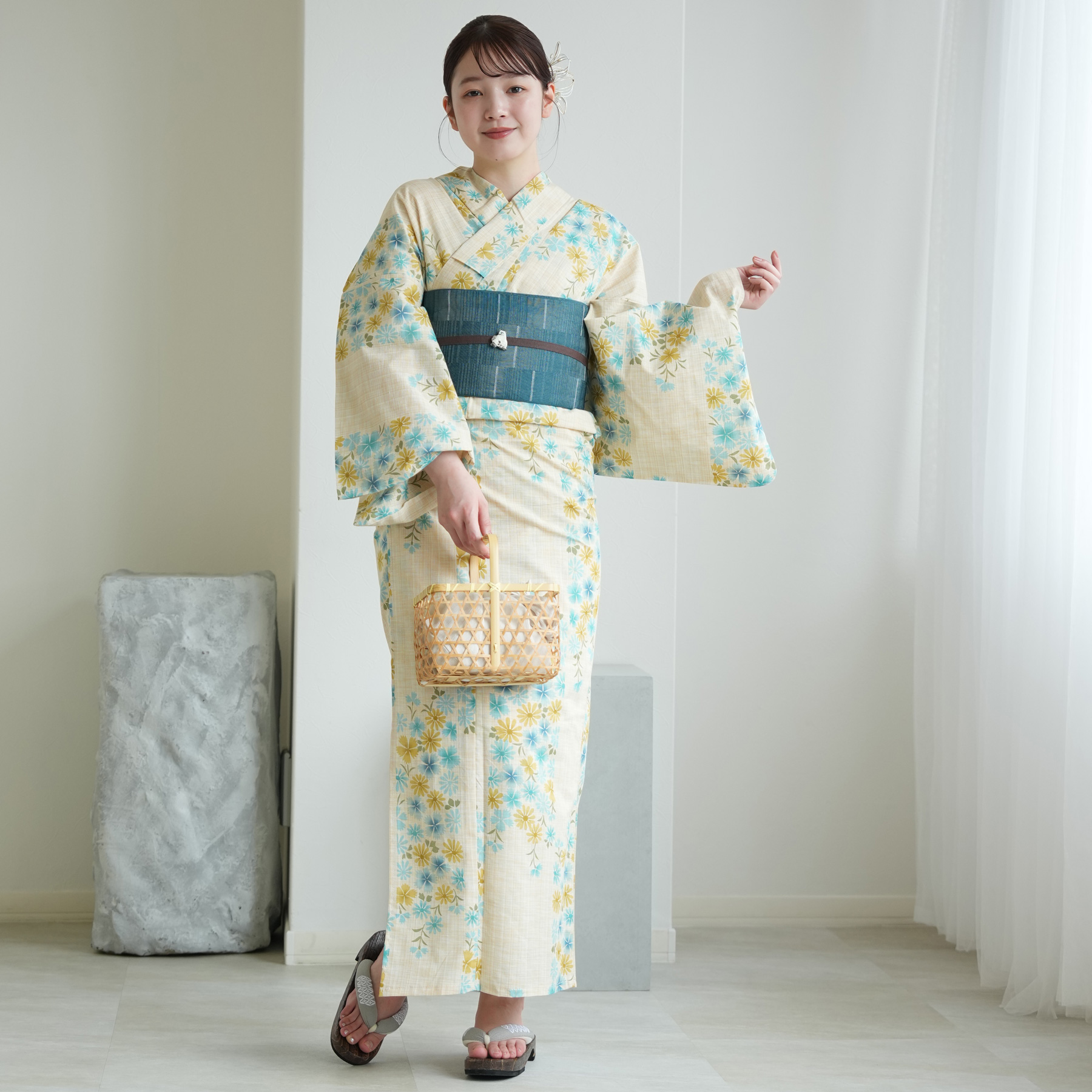 utatane 浴衣 レディース セット 綿麻 高級変わり織 先染めベージュ