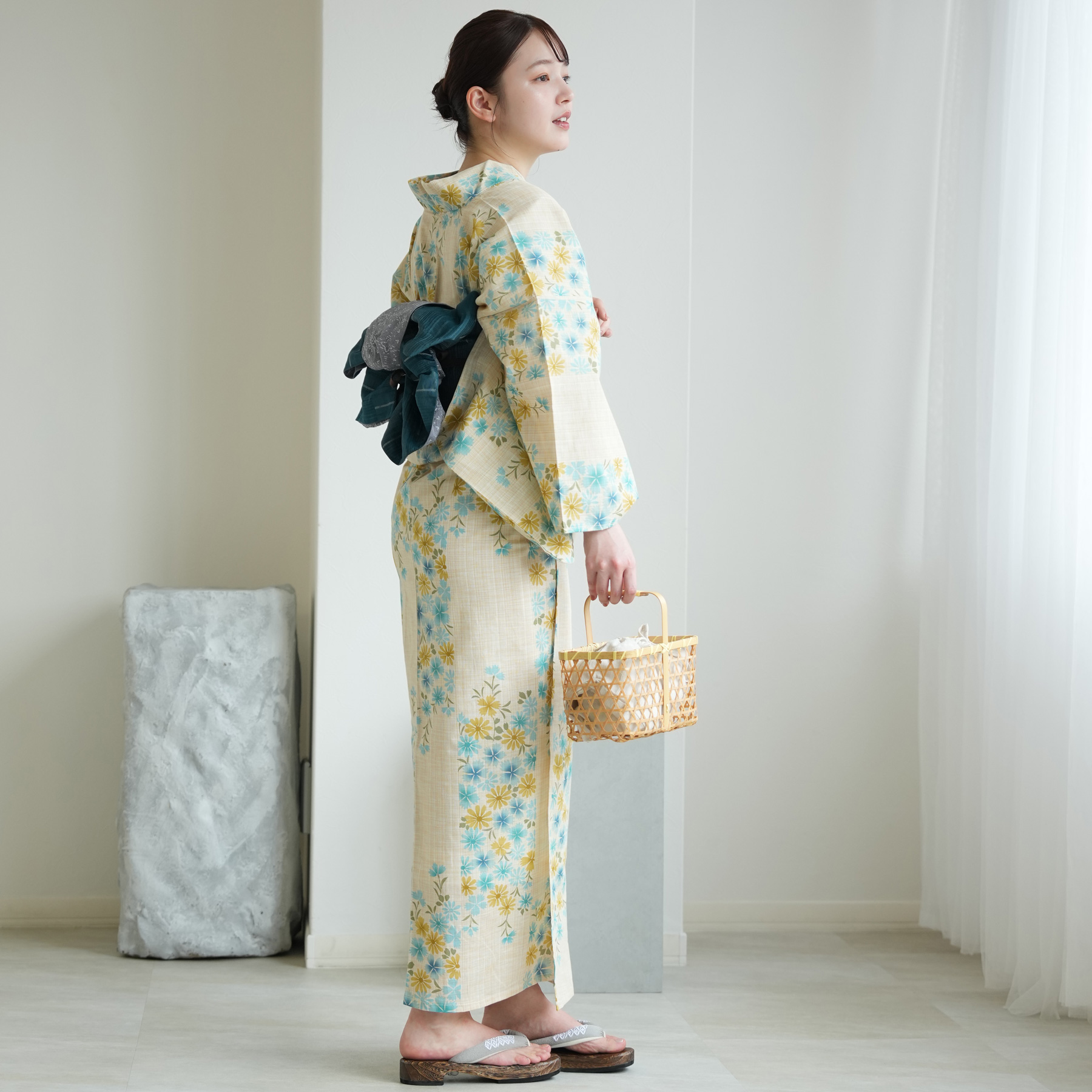 utatane 浴衣 レディース セット 綿麻 高級変わり織 先染めベージュ