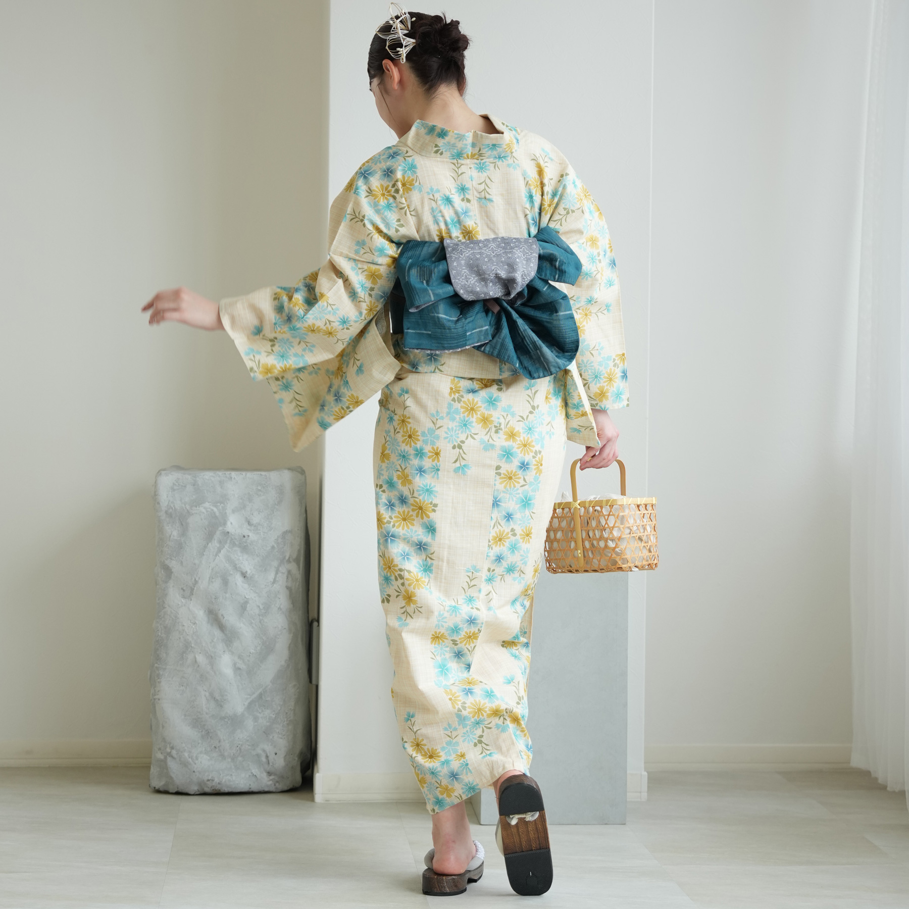 utatane 浴衣 レディース セット 綿麻 高級変わり織 先染めベージュ