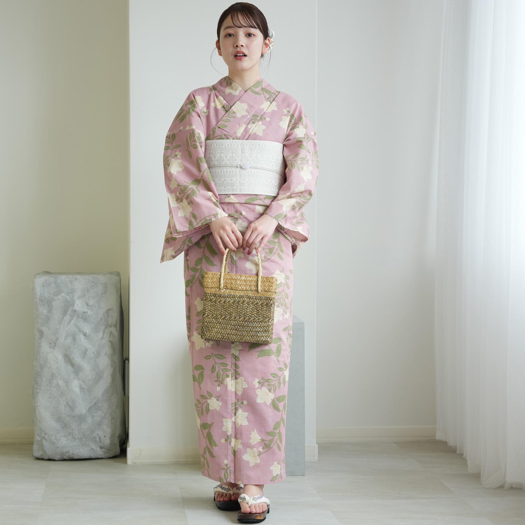 utatane 浴衣 レディース セット 綿麻 高級変わり織 先染めベージュ