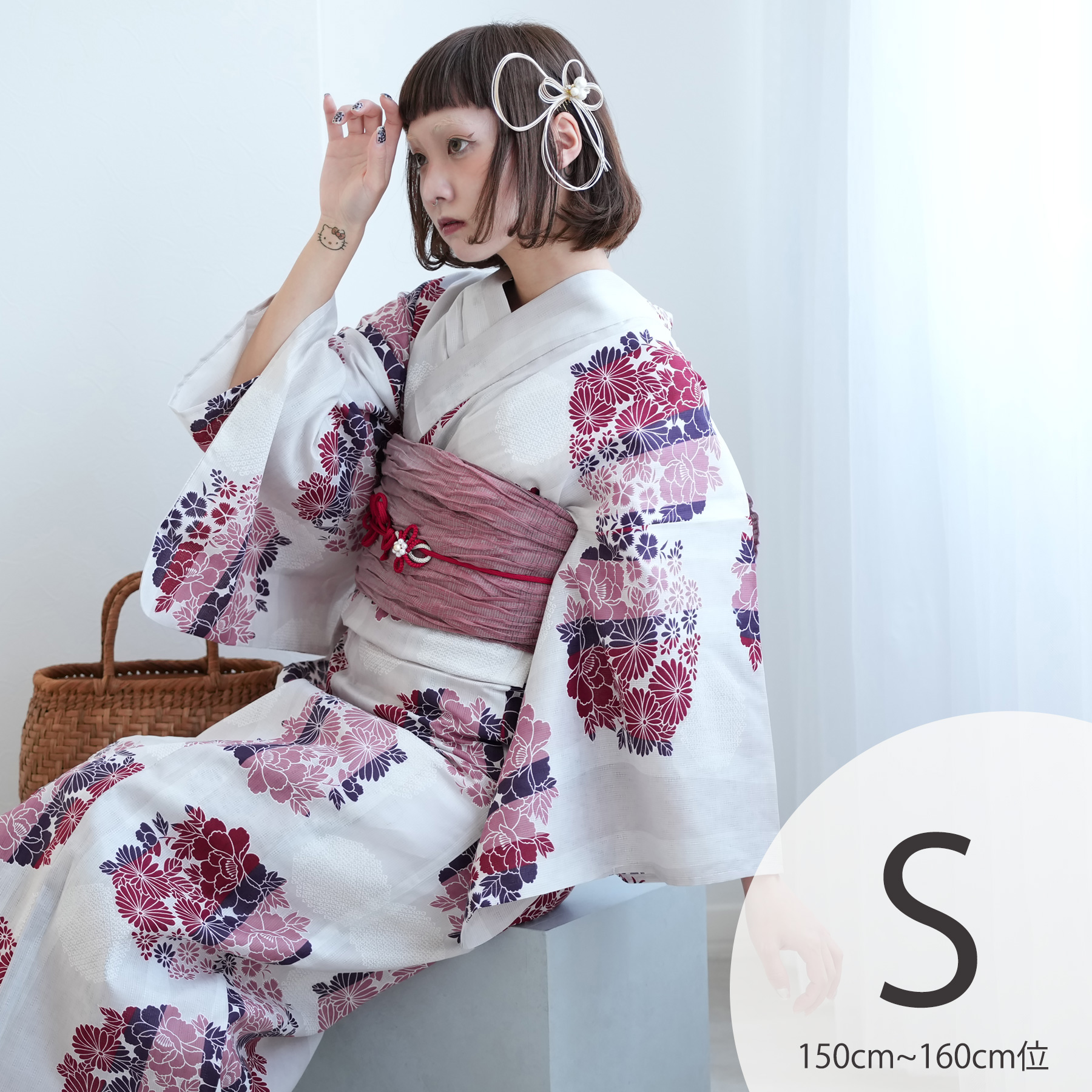 よろけ縞花柄レトロ浴衣 単品 浴衣 レディース セット ニコアンティーク 浴衣3点セット えんじ