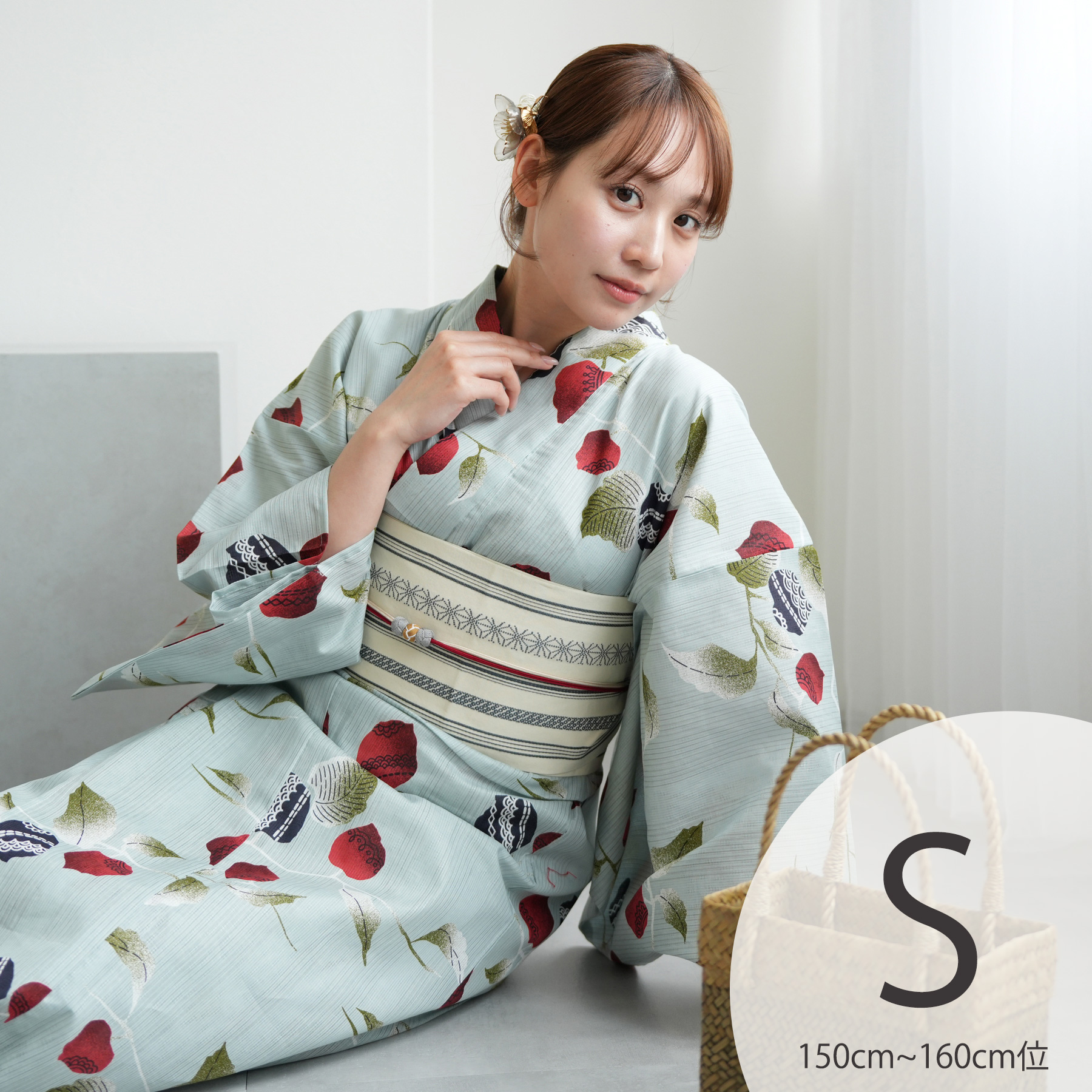 みい　浴衣・帯セット　ニコアンティーク 赤とミントのぽんぽん菊 utatane｜ニコアンティーク Lサイズ 浴衣3点セット 赤とミントの