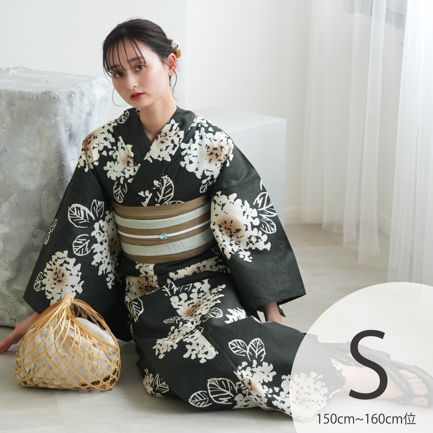 浴衣 レディース セット utatane 高級変わり織 浴衣3点セット 苔色の紫陽花 プチ（150-160cm）Sサイズ 浴衣セット（ゆかた・帯・下駄） レトロ 低身長 暗緑