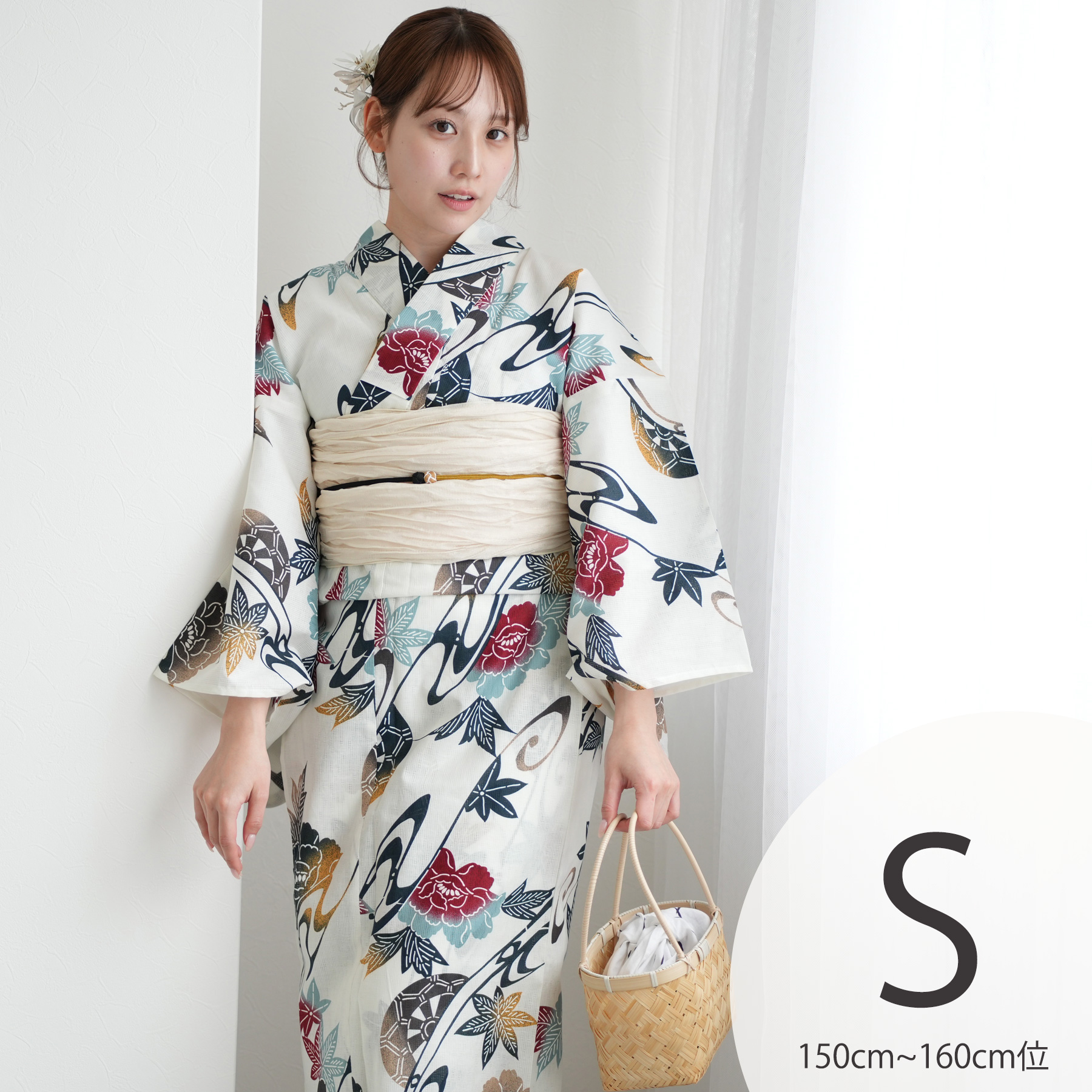 utatane 浴衣　新品 utatane｜utatane 浴衣3点セット 薄グレーに椿唐草 Sサイズ