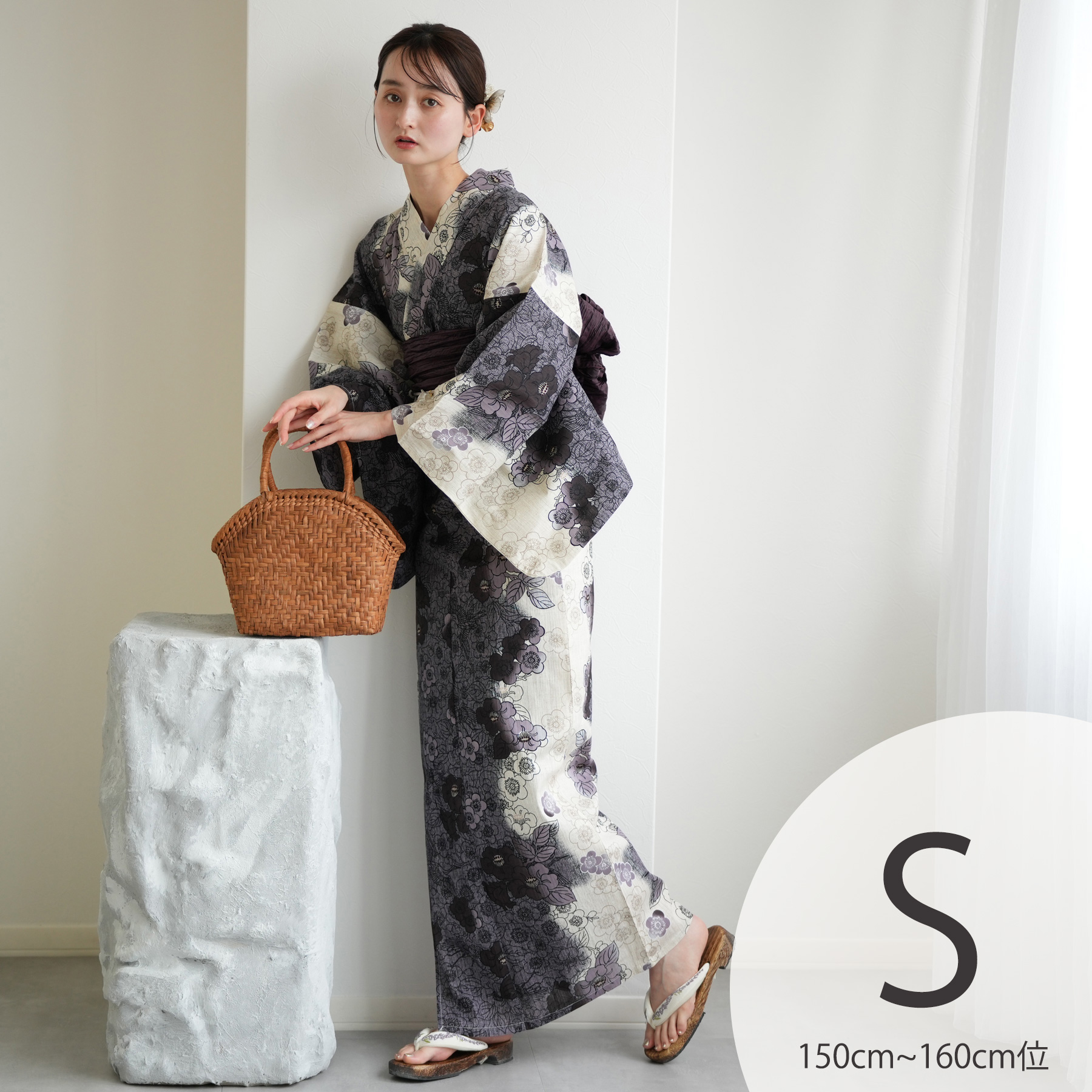 【新品】utatane　浴衣　3点セット　帯　下駄　モノトーン　レディース utatane 浴衣 レディース セット 高級変わり織 フリーサイズ