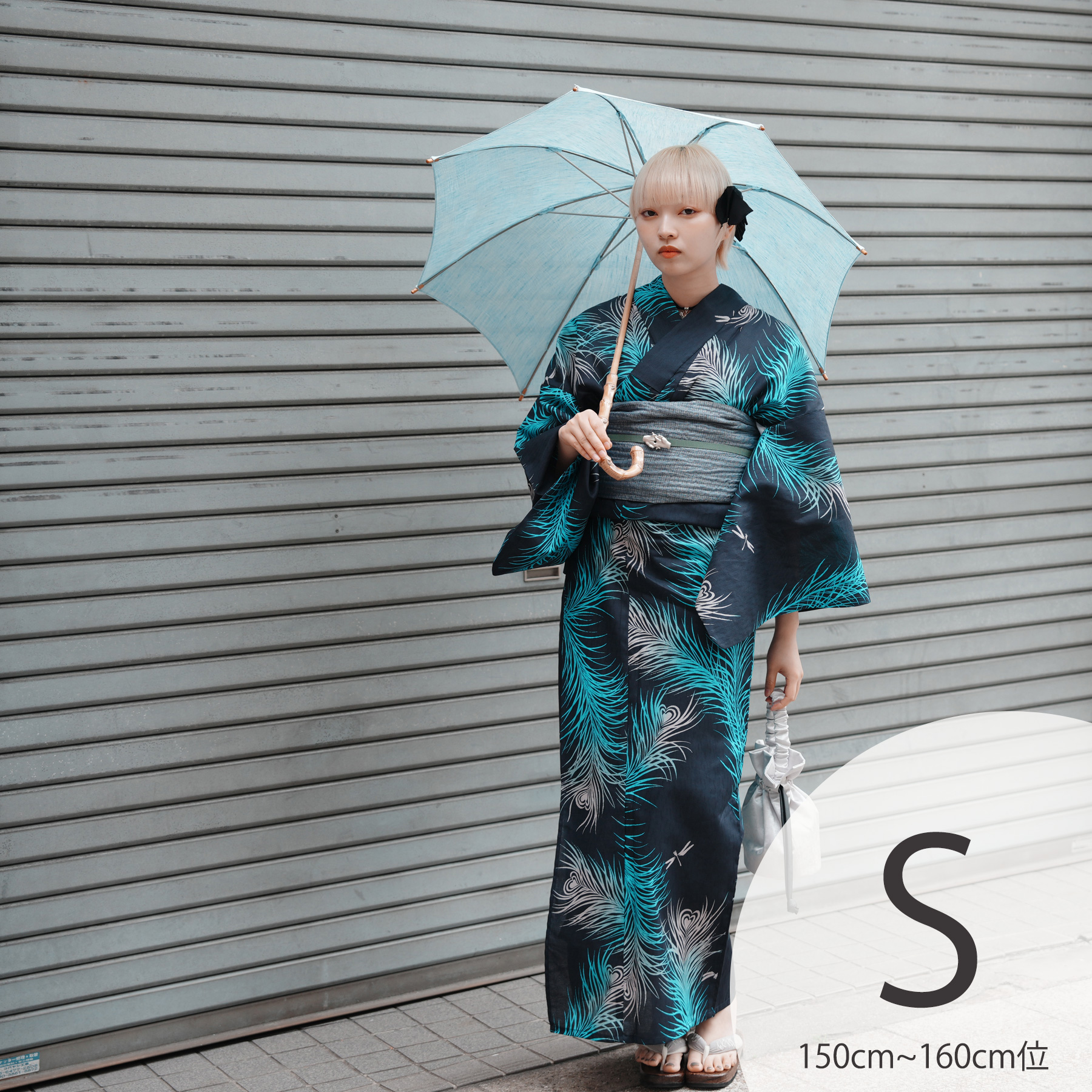 ニコアンティーク 高級変わり織 浴衣3点セット スカラップ雲取　ピーコック 浴衣 レディース セット Sサイズ ニコアンティーク 3点セット 高級