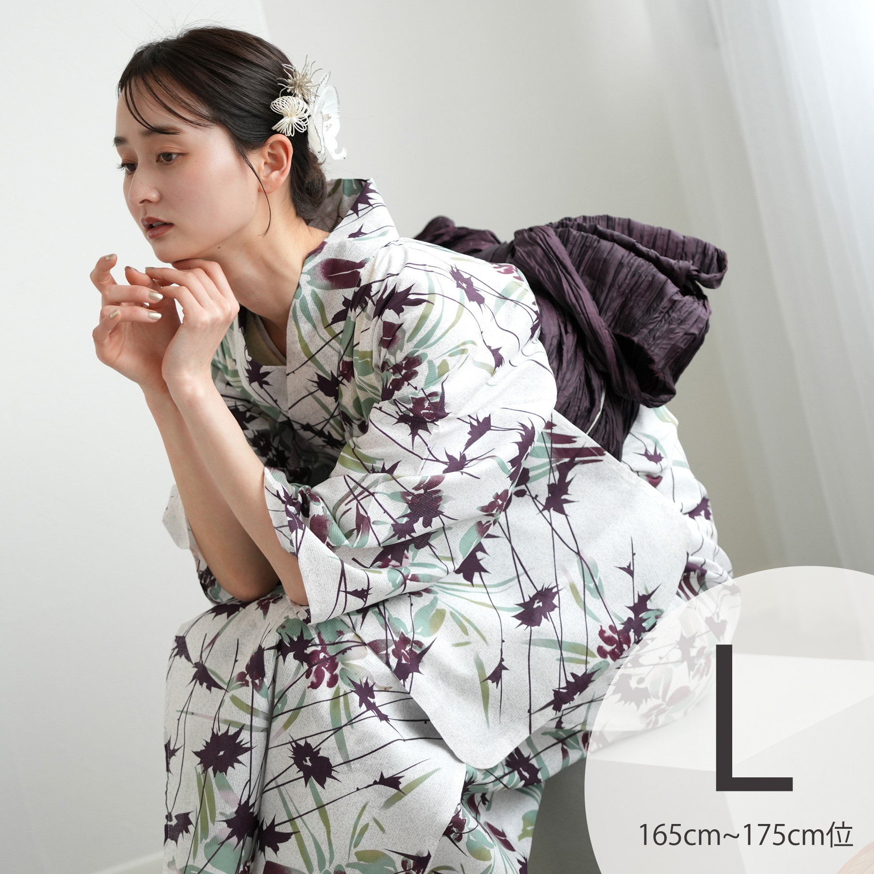 utatane ピンクベージュとグレーの染め分け菊　浴衣帯セット utatane｜utatane Fサイズ 浴衣3点セット 先染めベージュ風