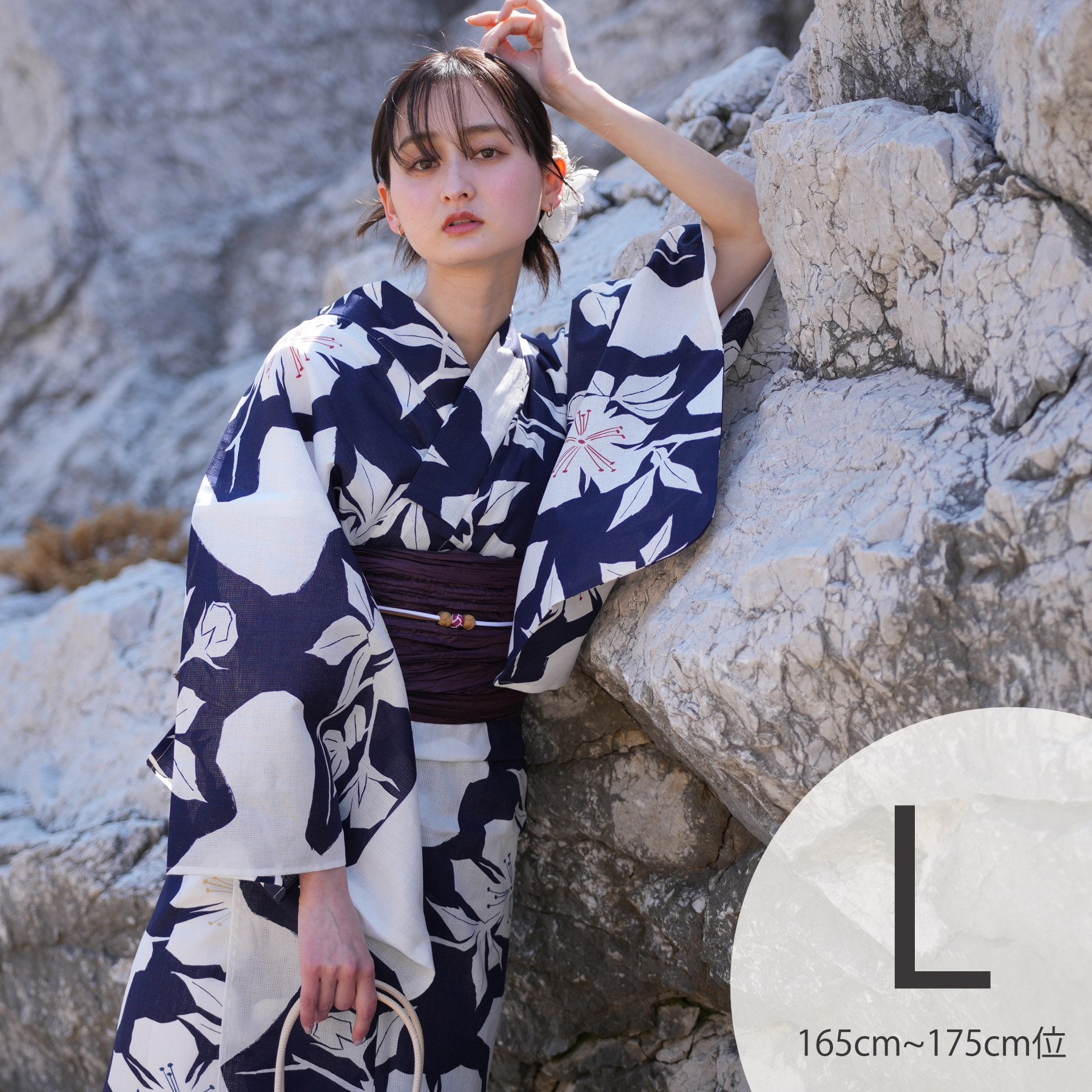 浴衣 レディース セット utatane 高級変わり織 浴衣3点セット 白地に紺の花切り絵 トール（165-175cm）Lサイズ 浴衣セット（ゆかた・帯・下駄）レトロ 高身長