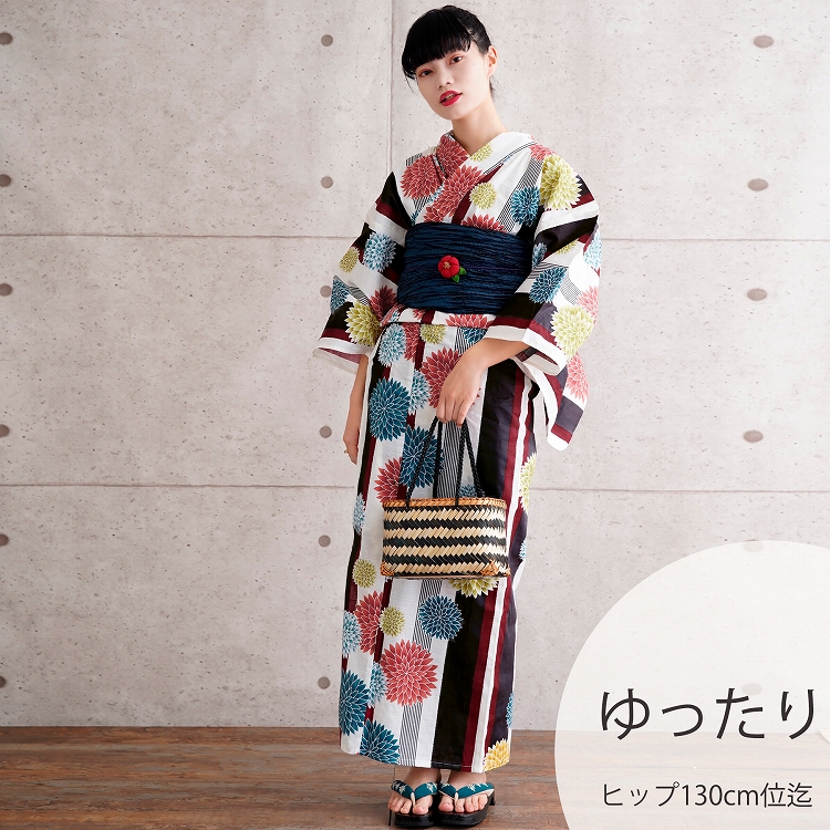 浴衣 レディース セット 3点セット 浴衣/帯/下駄 3Lサイズ 黒 きなり 赤 縞 菊 ニコアンティーク レトロ 大正ロマン えんじミッドセンチュリーストライプ