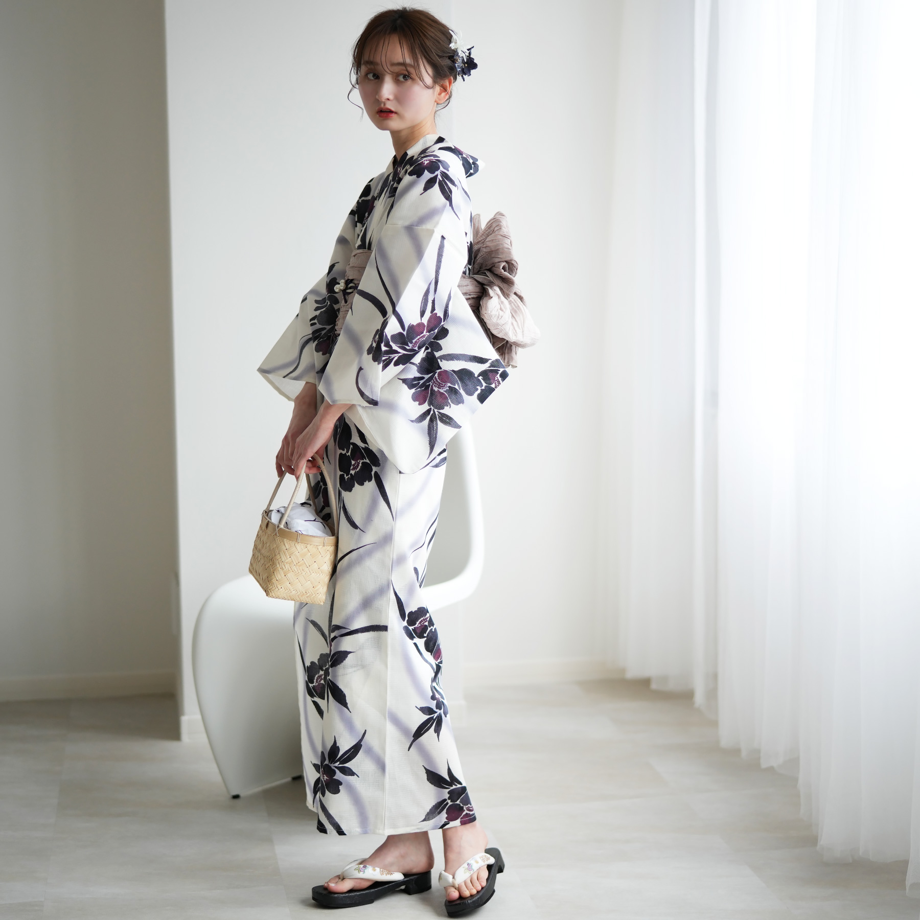 utatane 浴衣 レディース セット 浴衣3点セット ホワイトに流れる美人