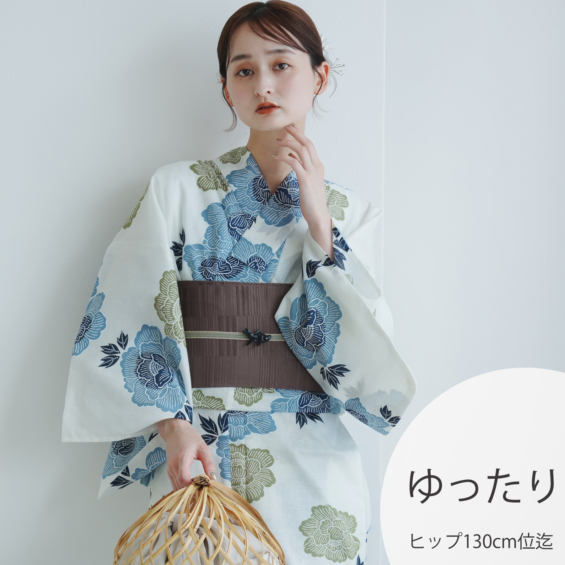 utatane 綿麻 ゆかた フリーサイズ 水色の朝顔、下駄付き 浴衣3点セット（浴衣/帯/下駄） 綿麻 ゆかた フリーサイズ（身長