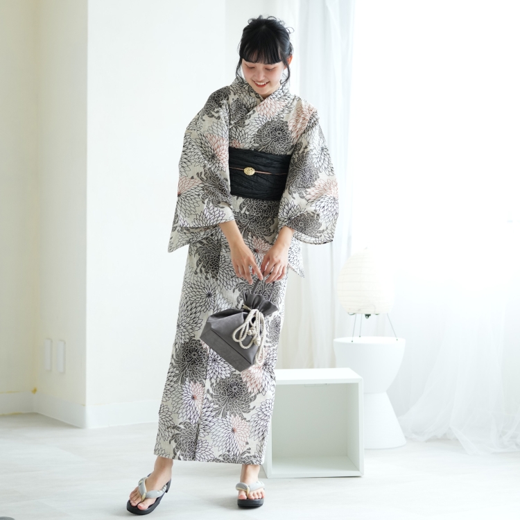 浴衣 レディース セット（浴衣 帯 下駄） セパレート utatane 古典柄 レトロ 大正ロマン 花 高級変わり織 二部式浴衣3点セット 先染め風ベージュにモダン糸菊 浴衣 帯 下駄