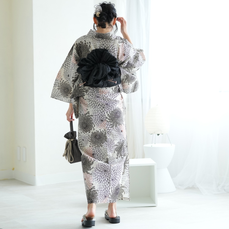 浴衣 レディース セット（浴衣 帯 下駄） セパレート utatane 古典柄 レトロ 大正ロマン 花 高級変わり織 二部式浴衣3点セット 先染め風ベージュにモダン糸菊 浴衣 帯 下駄