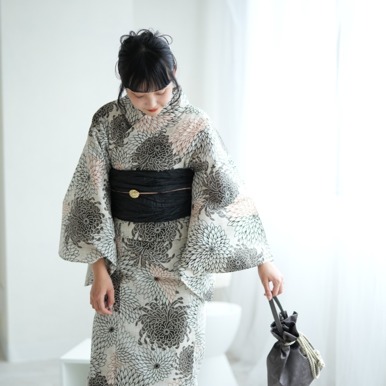 浴衣 レディース セット（浴衣 帯 下駄） セパレート utatane 古典柄 レトロ 大正ロマン 花 高級変わり織 二部式浴衣3点セット 先染め風ベージュにモダン糸菊 浴衣 帯 下駄