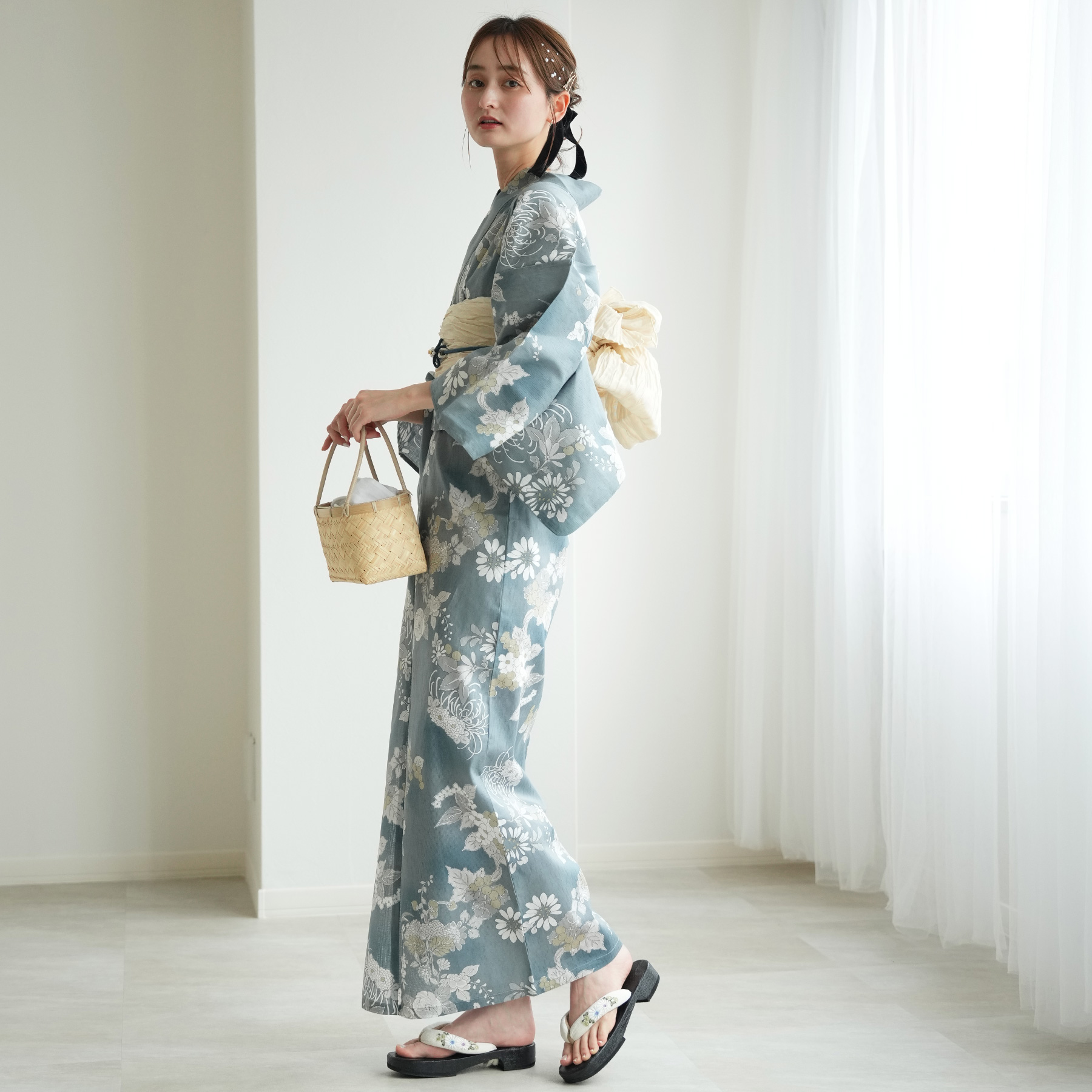 新品　未使用　utatane 二部式　セパレート　浴衣　帯　下駄　渋緑にアネモネ utatane 浴衣 レディース セット セパレート 高級変わり織 二部式浴衣3