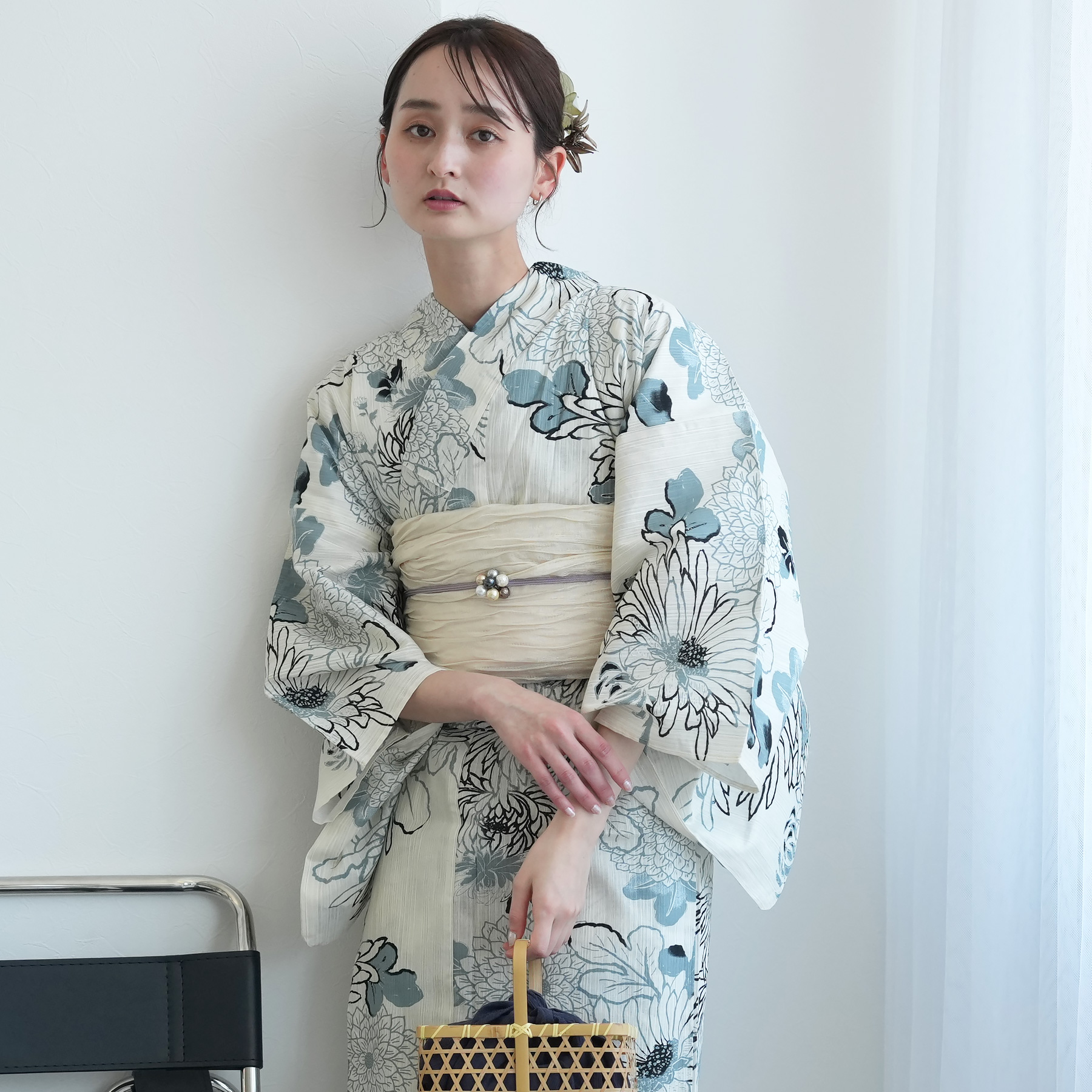 maru × utatane 浴衣3点セット (浴衣/帯/下駄) ほぐし麻の葉としだれ藤